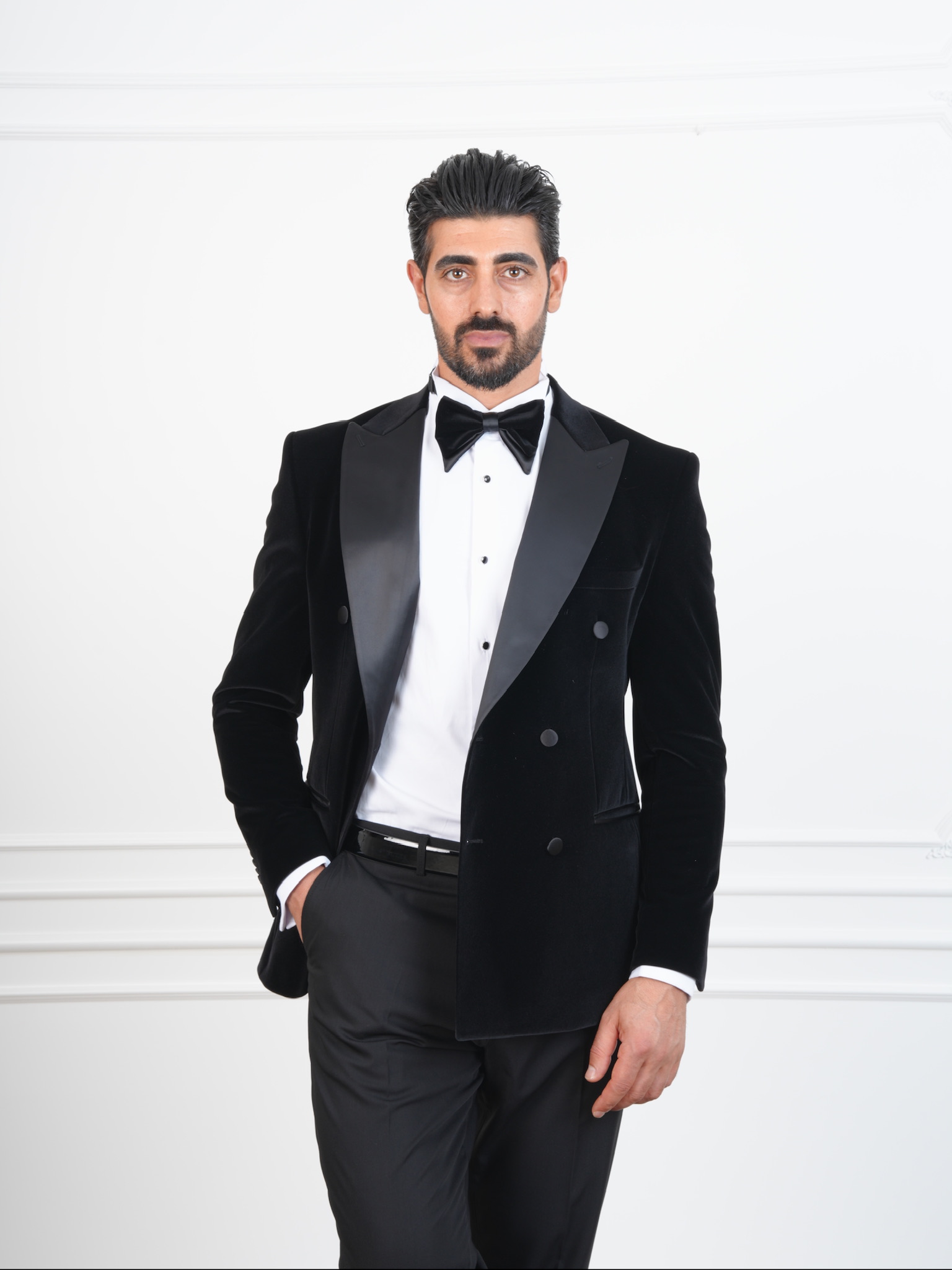 Erkek Premium Kadife Kruvaze Smokin Damatlık İtalyan Stil  Ceket Pantolon Papyon - Siyah