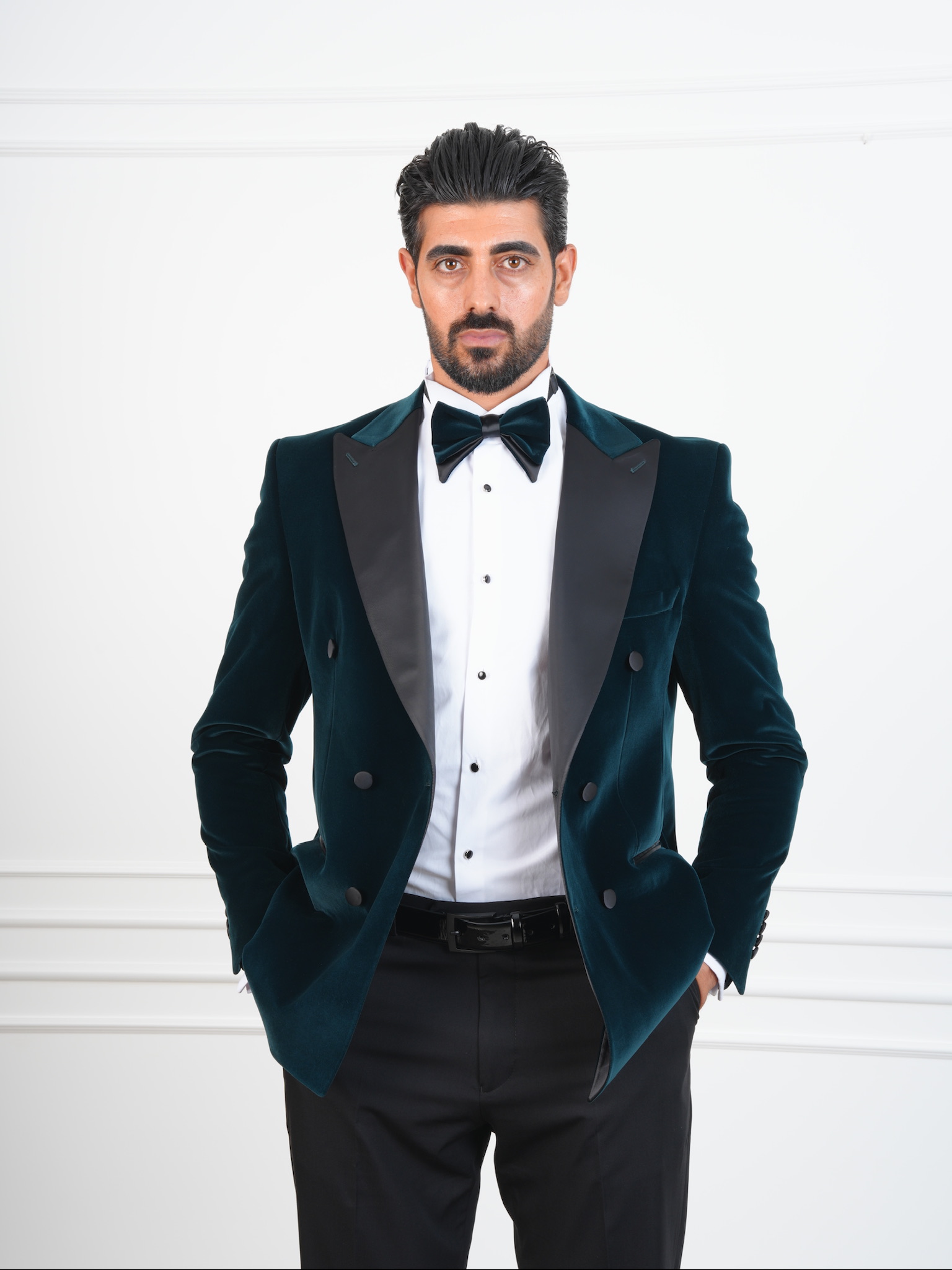 Erkek Premium Kadife Kruvaze Smokin Damatlık İtalyan Stil  Ceket Pantolon Papyon - Haki