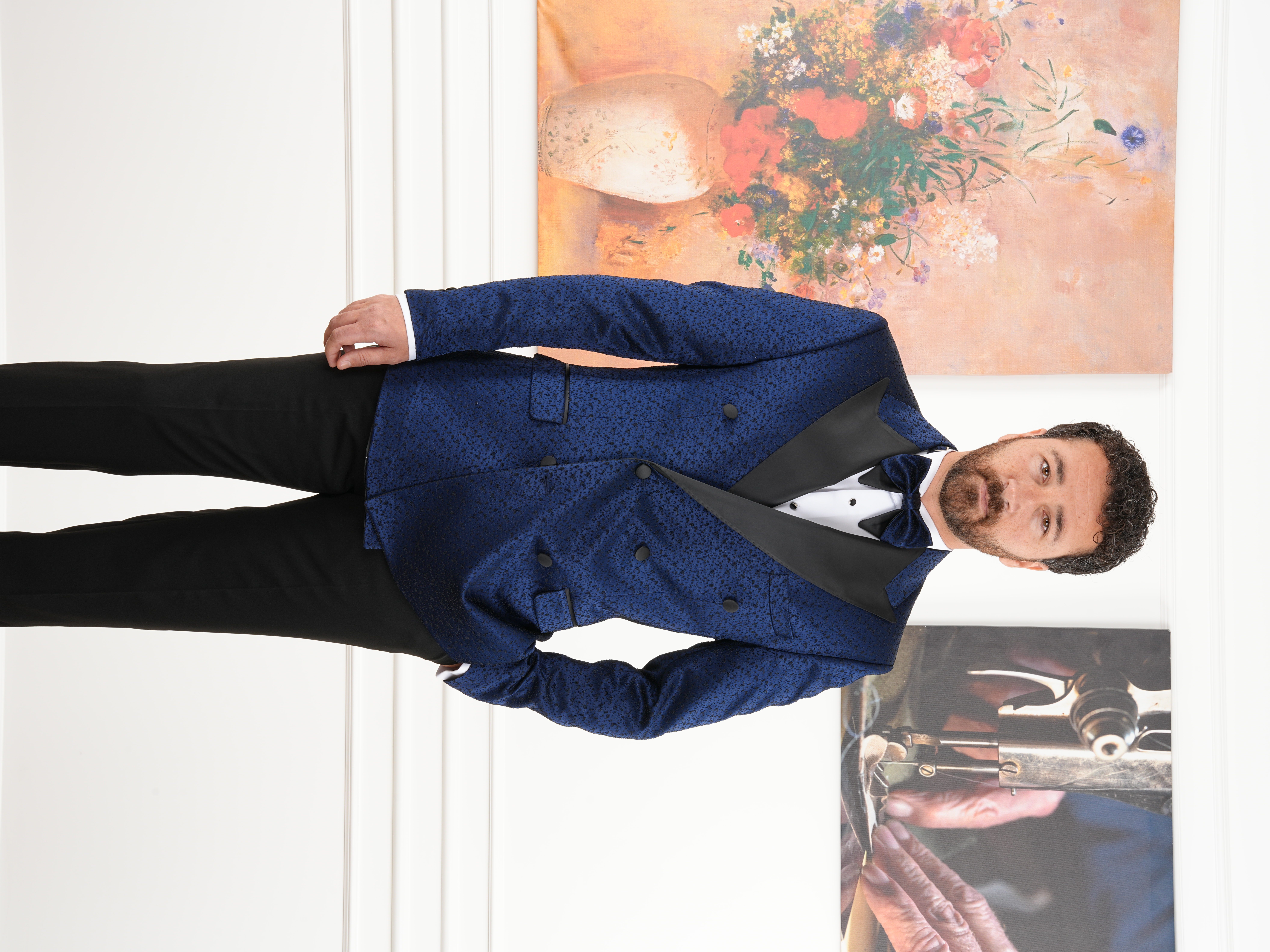 Erkek Slim Fit İtalyan Stil Jakar Desenli Damatlık Smokin Ceket Pantolon - Lacivert