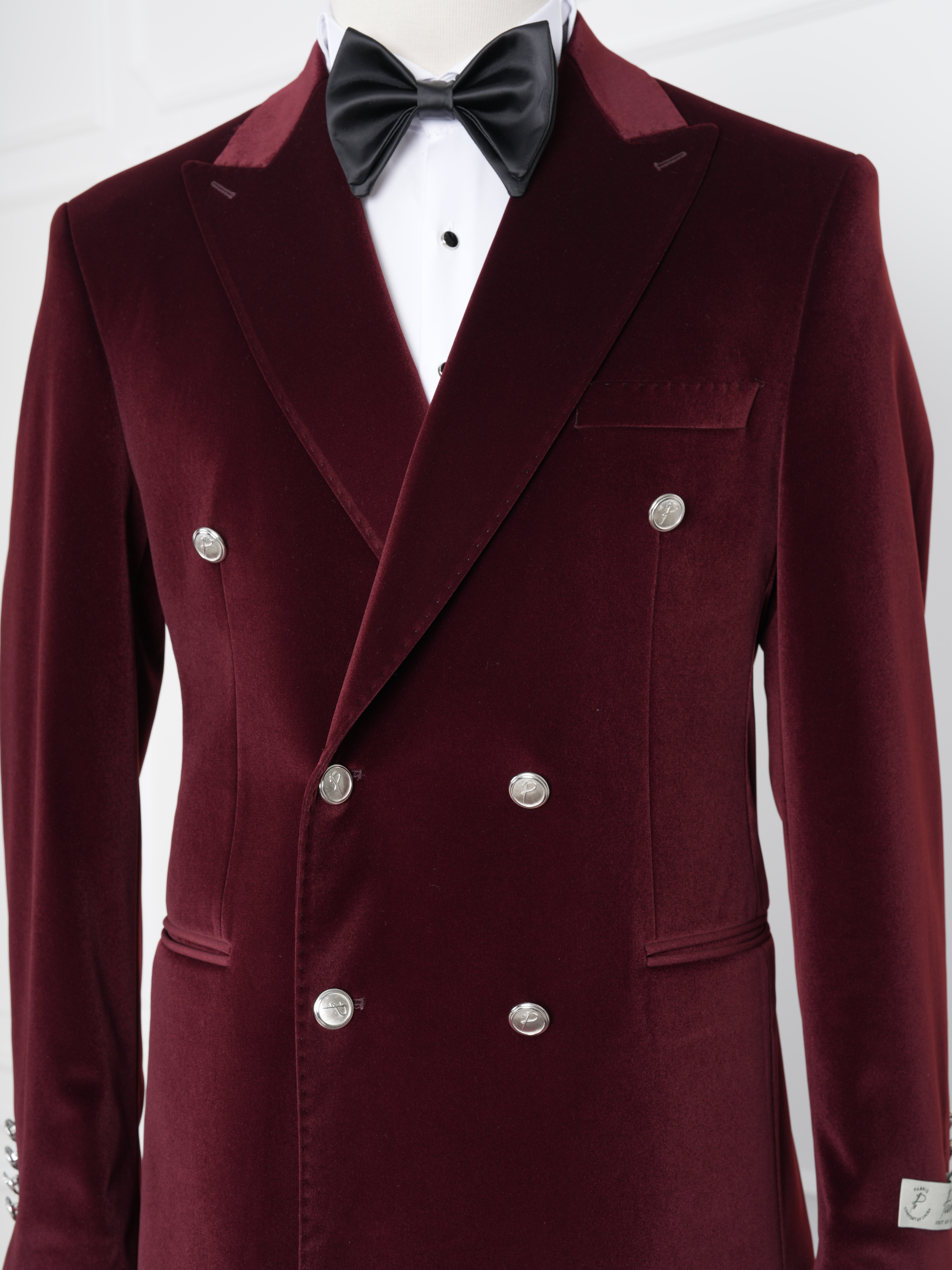 Premium Erkek Kadife Kruvaze Smokin Damatlık Metal Düğme Punto Dikişli Ceket Pantolon Papyon - Bordo