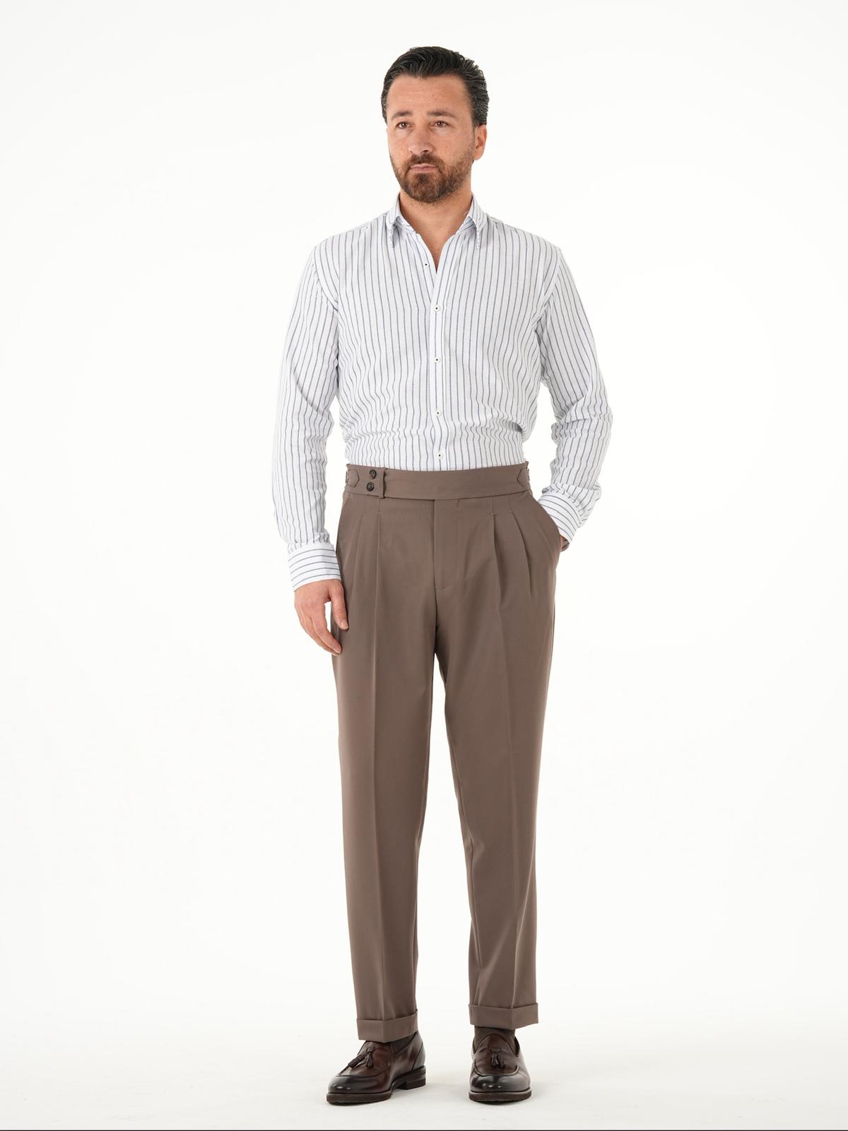 Erkek Regular Fit Yüksek Bel Piliseli Tokalı Kumaş Pantolon - Kahve