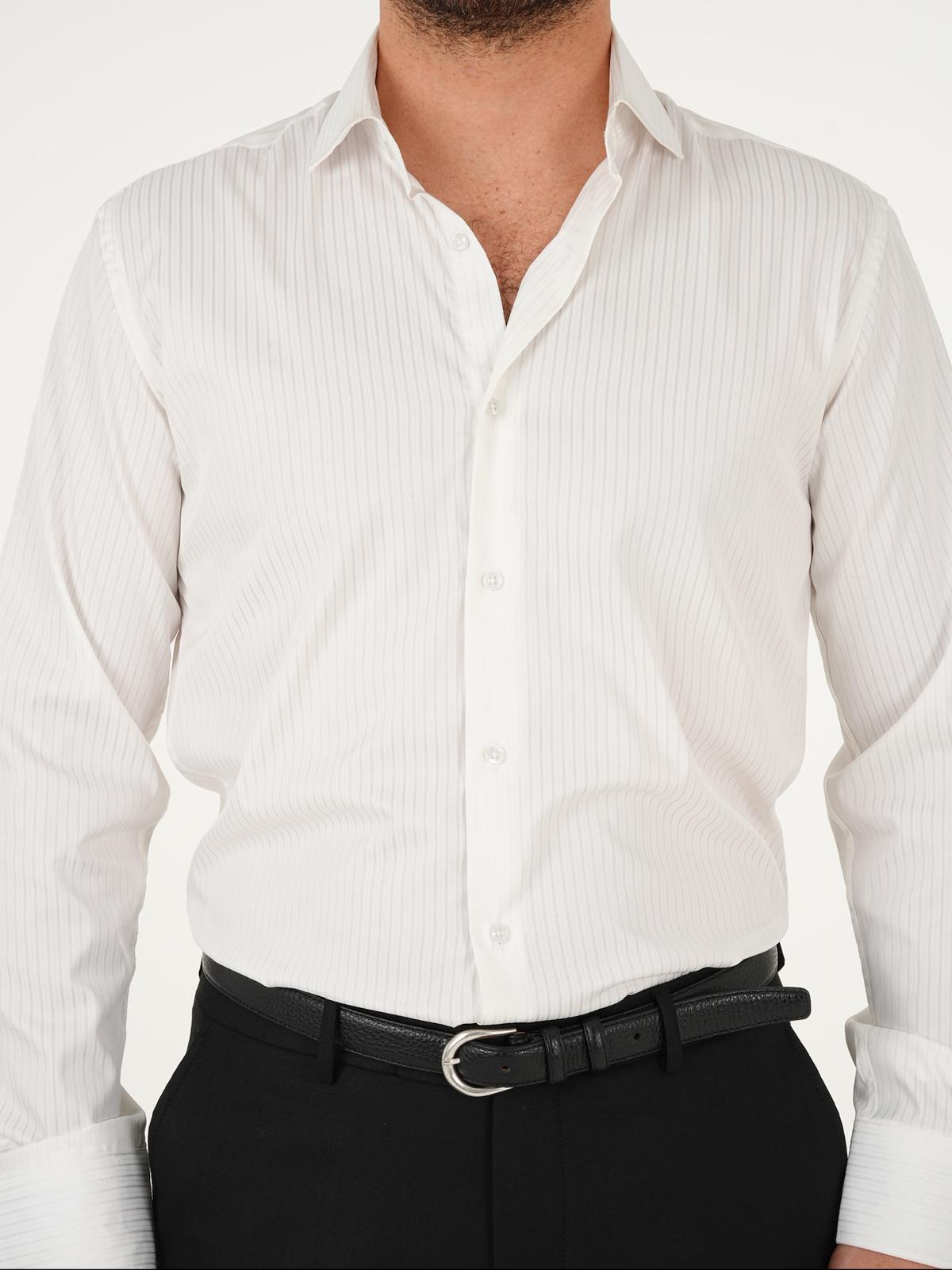 Premium İtalyan Yaka Slim Fit Çizgili Erkek Gömlek - Beyaz