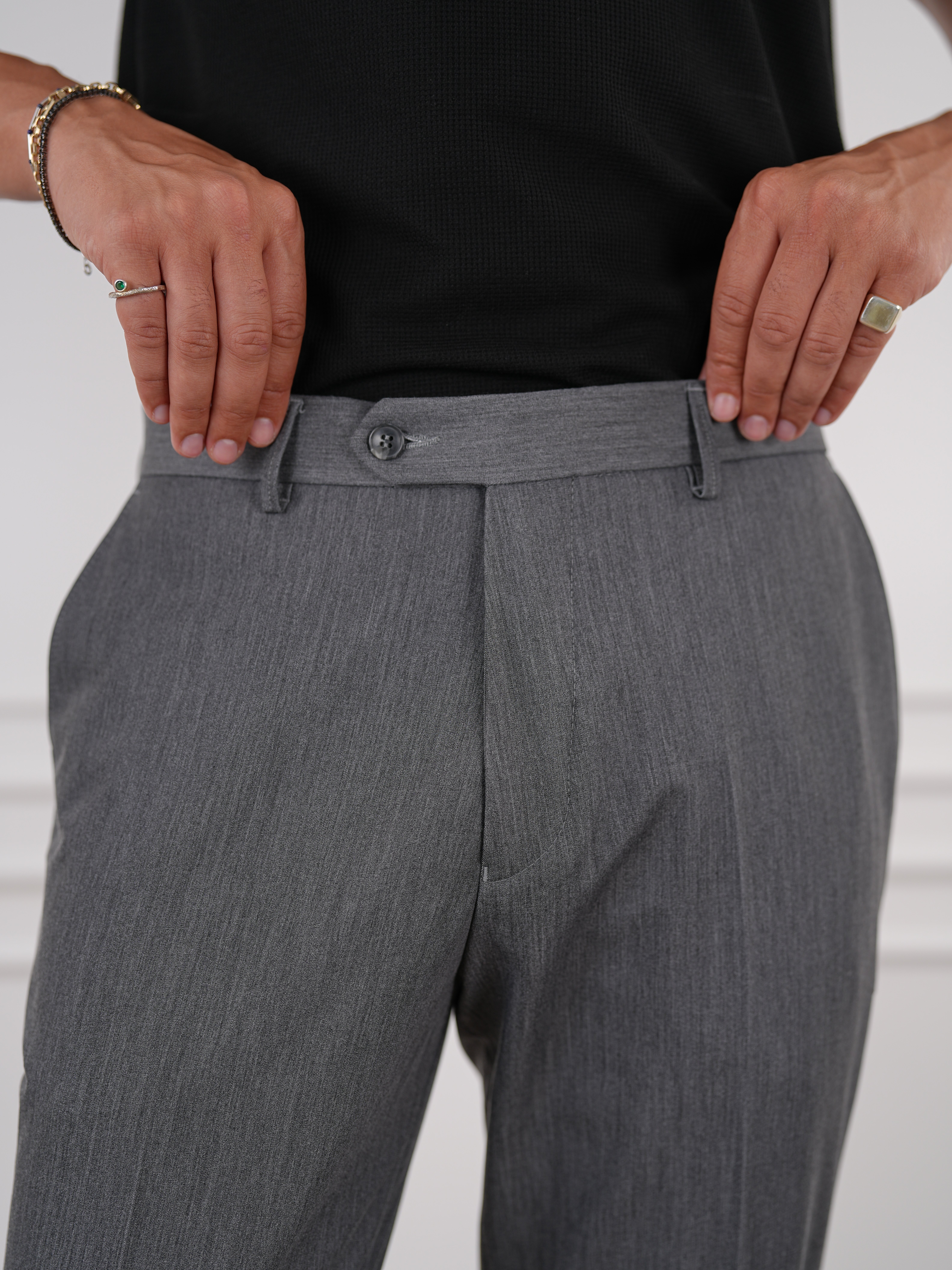 Erkek Slim Fit Yüksek Bel Duble Paça Kumaş Pantolon-Füme