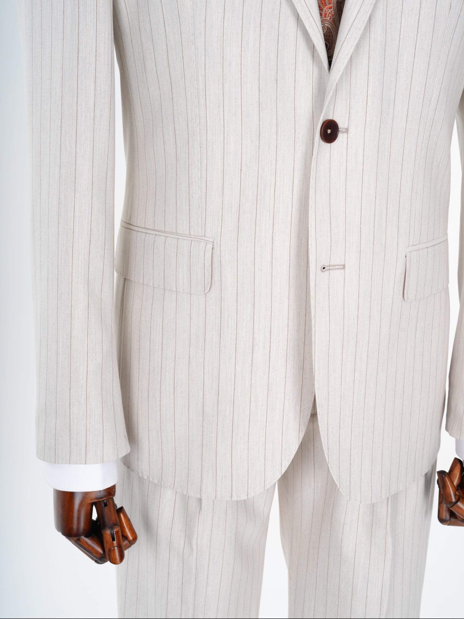 Premium Erkek Mono Yaka Çizgili Takım Elbise Slim Fit İtalyan Stil Punto Dikişli Ceket Pantolon - Krem