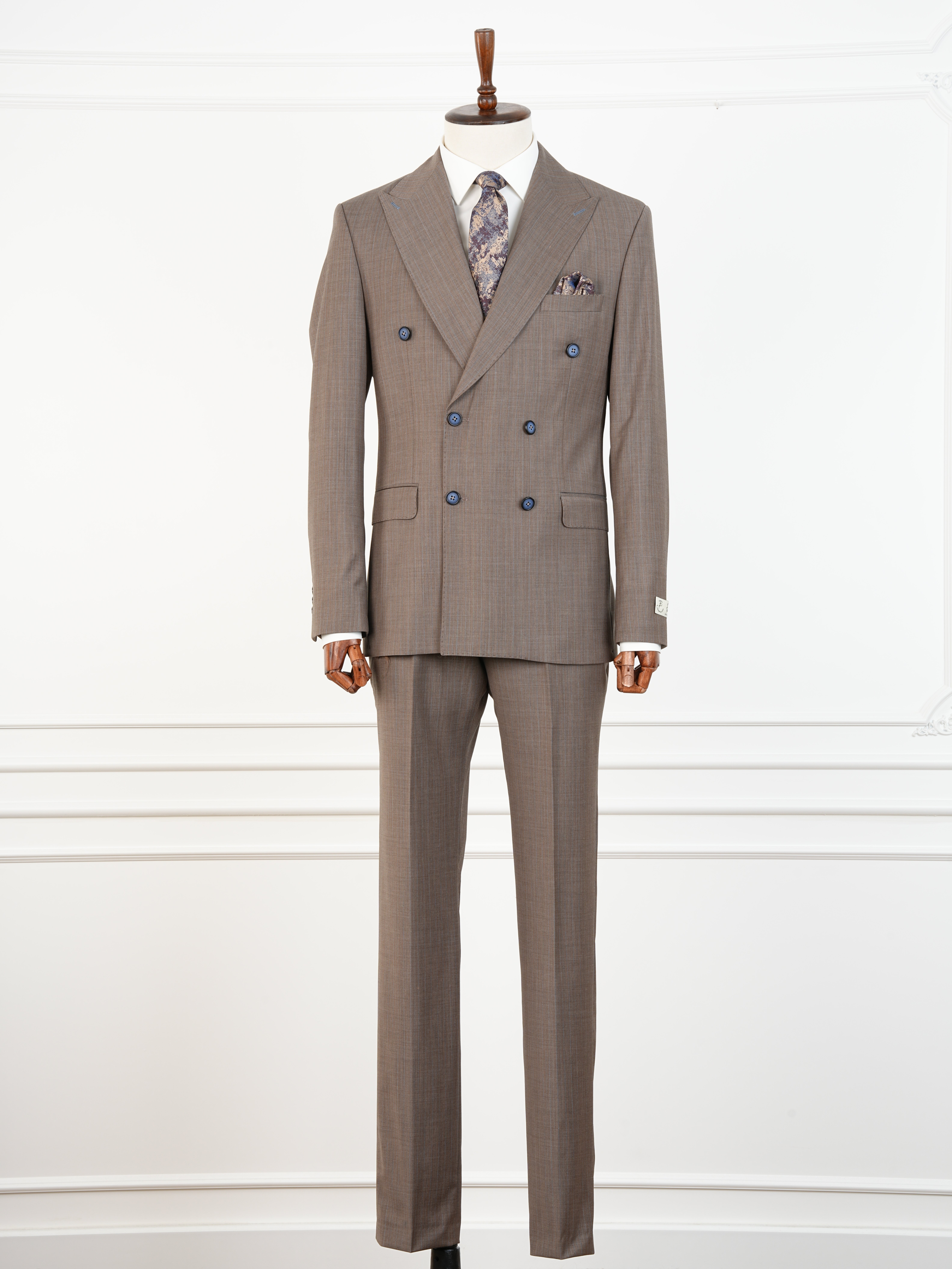 Yünlü Kruvaze Takım Elbise Slim Fit İtalyan Stil Ceket Pantolon - Sütlü Kahve