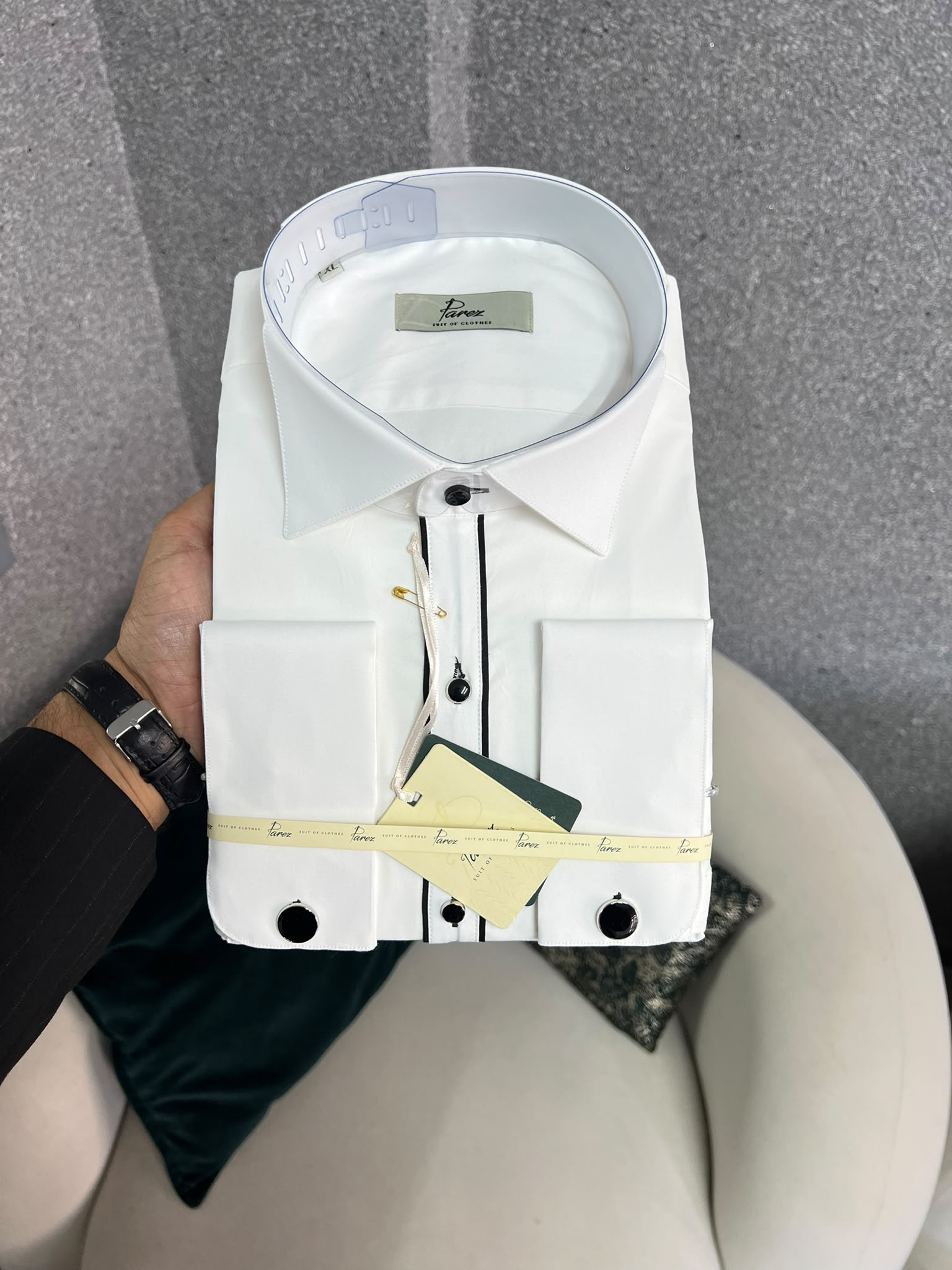 Erkek Premum Siyah Şeritli Slim Fit İtalyan Stil Ata Yaka Gömlek - Ekru