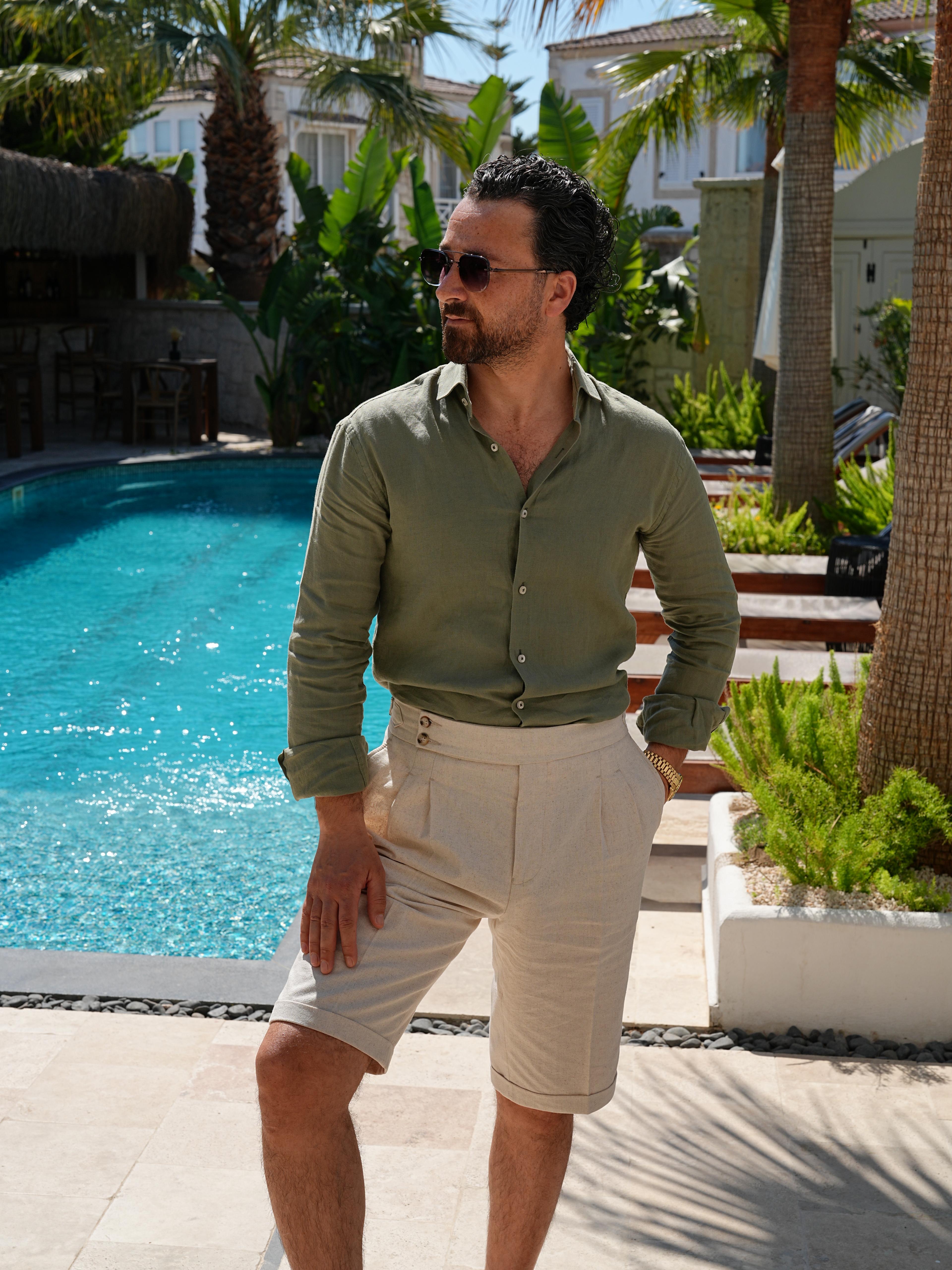 PAREZ Regular Fit Linen Shirt - Khaki