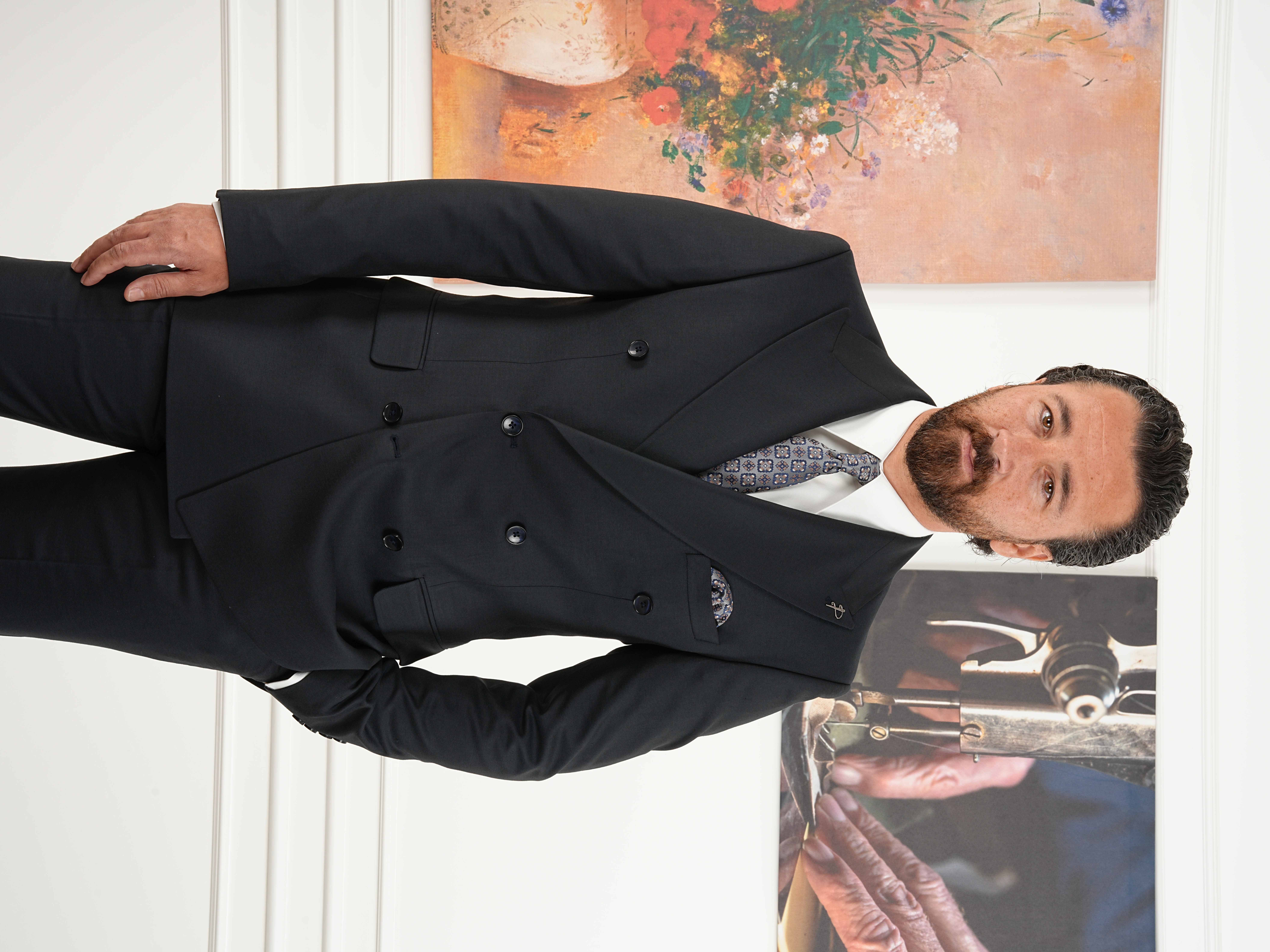 Erkek Slim Fit İtalyan Stil Kruvaze Takım Elbise Ceket Pantolon - Koyu Lacivert