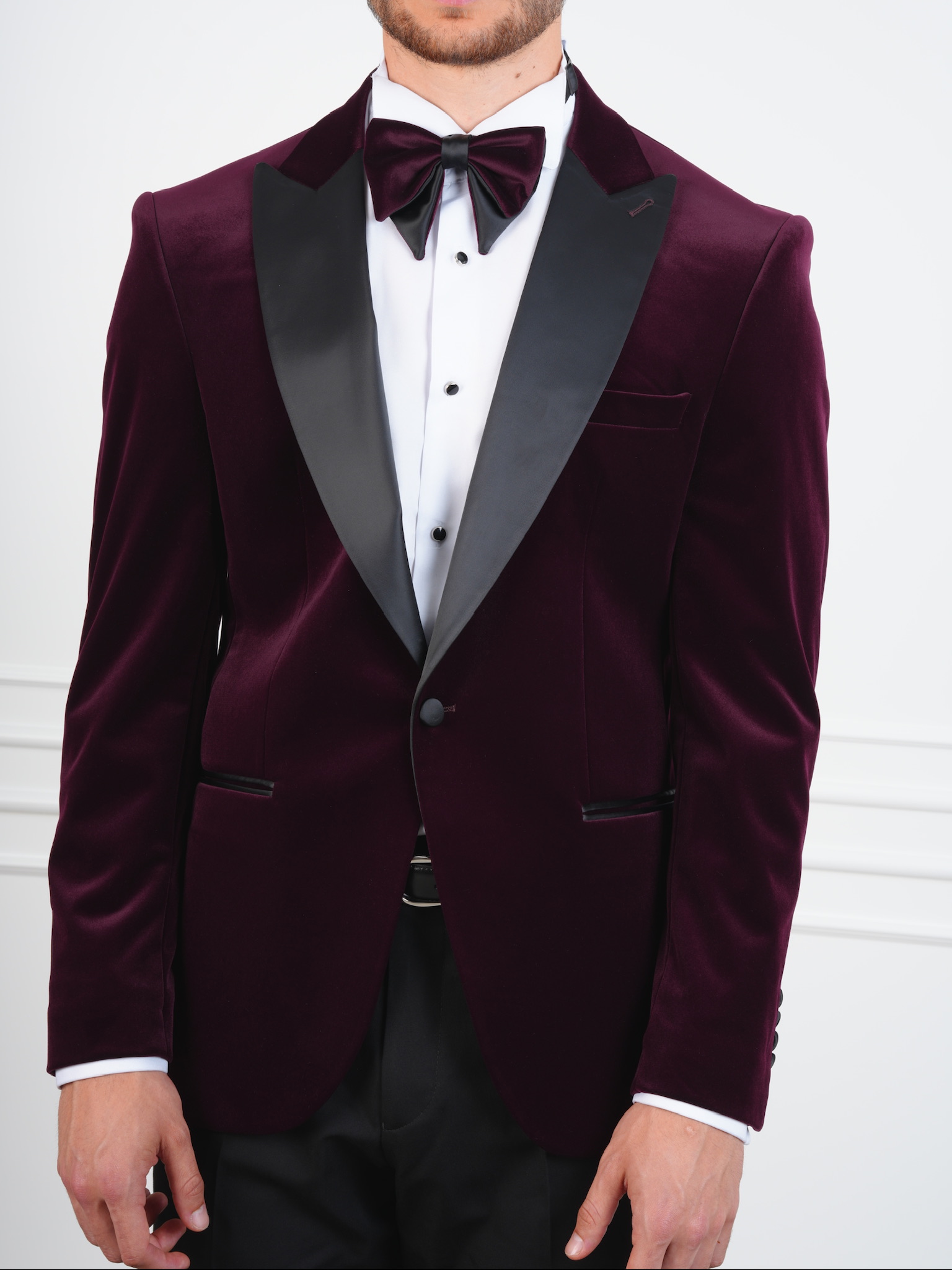 Erkek Premium Kadife Smokin Damatlık İtalyan Stil Slim Fit Ceket Pantolon Papyon - Mor