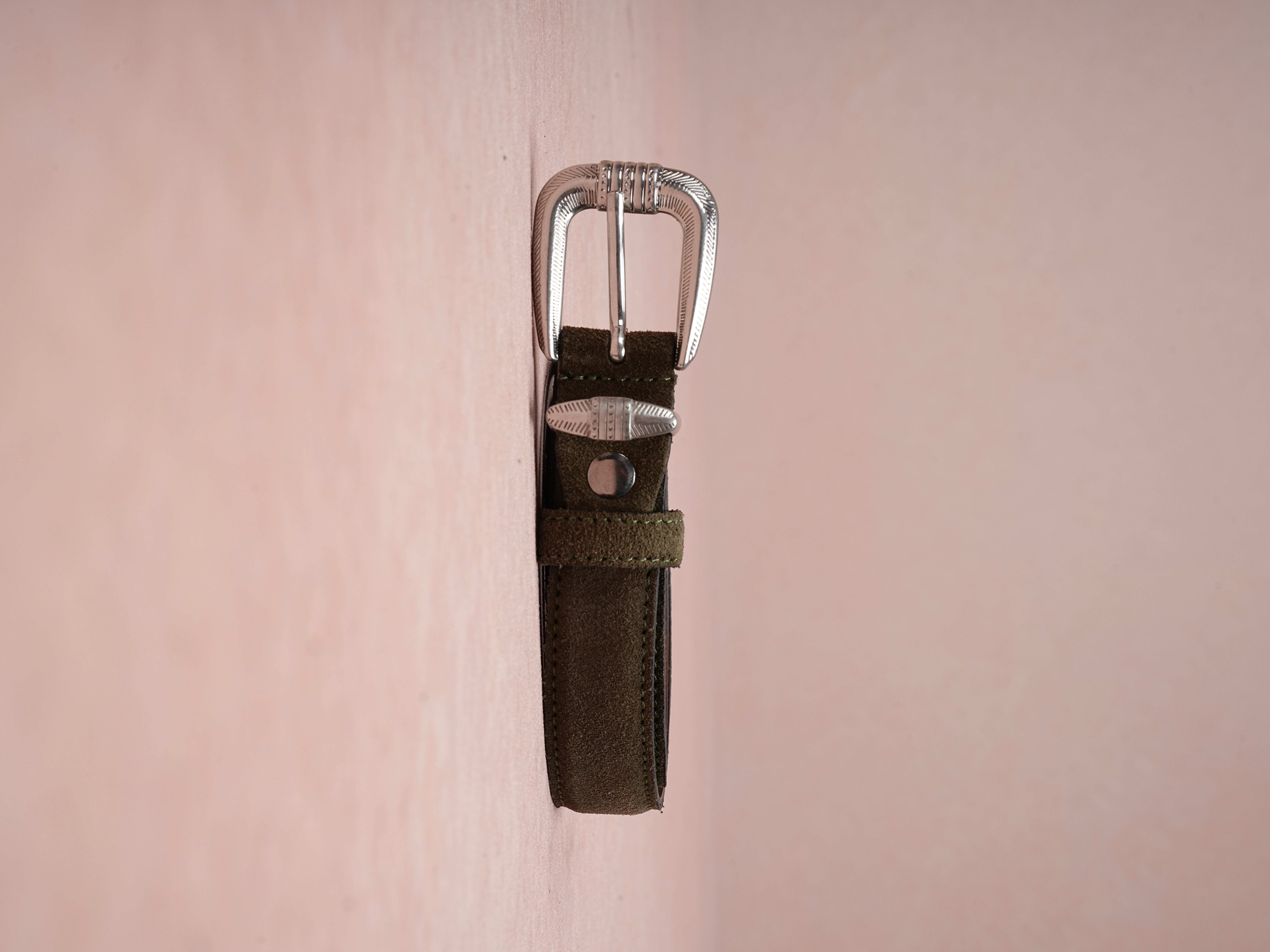 Erkek %100 Hakiki Süet Deri Ince Kalay Kaplama Beyaz Tokalı Kemer 2.5 Cm - Haki