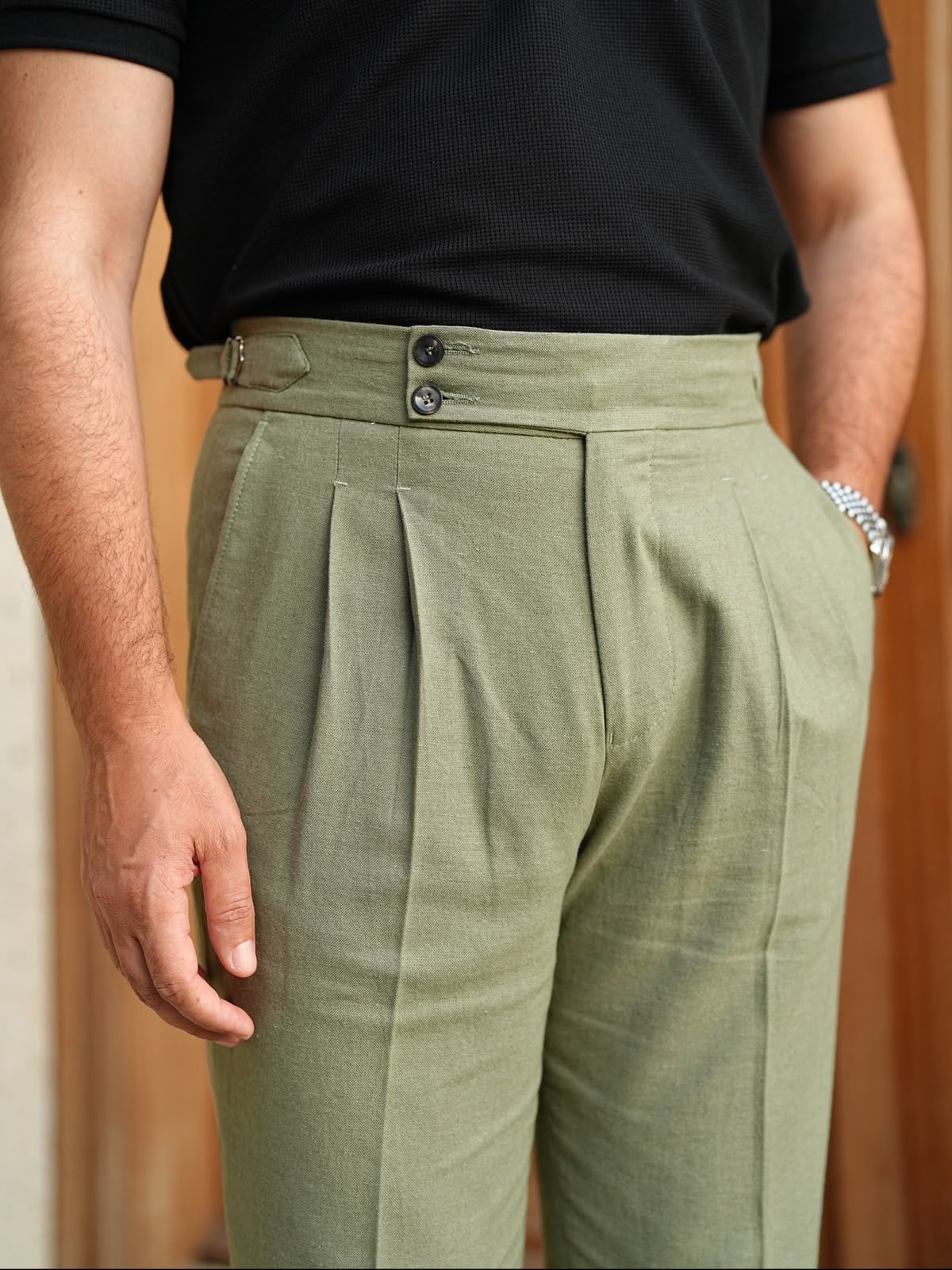 Erkek Regular Fit Yüksek Bel Piliseli Tokalı Kumaş Pantolon - Haki