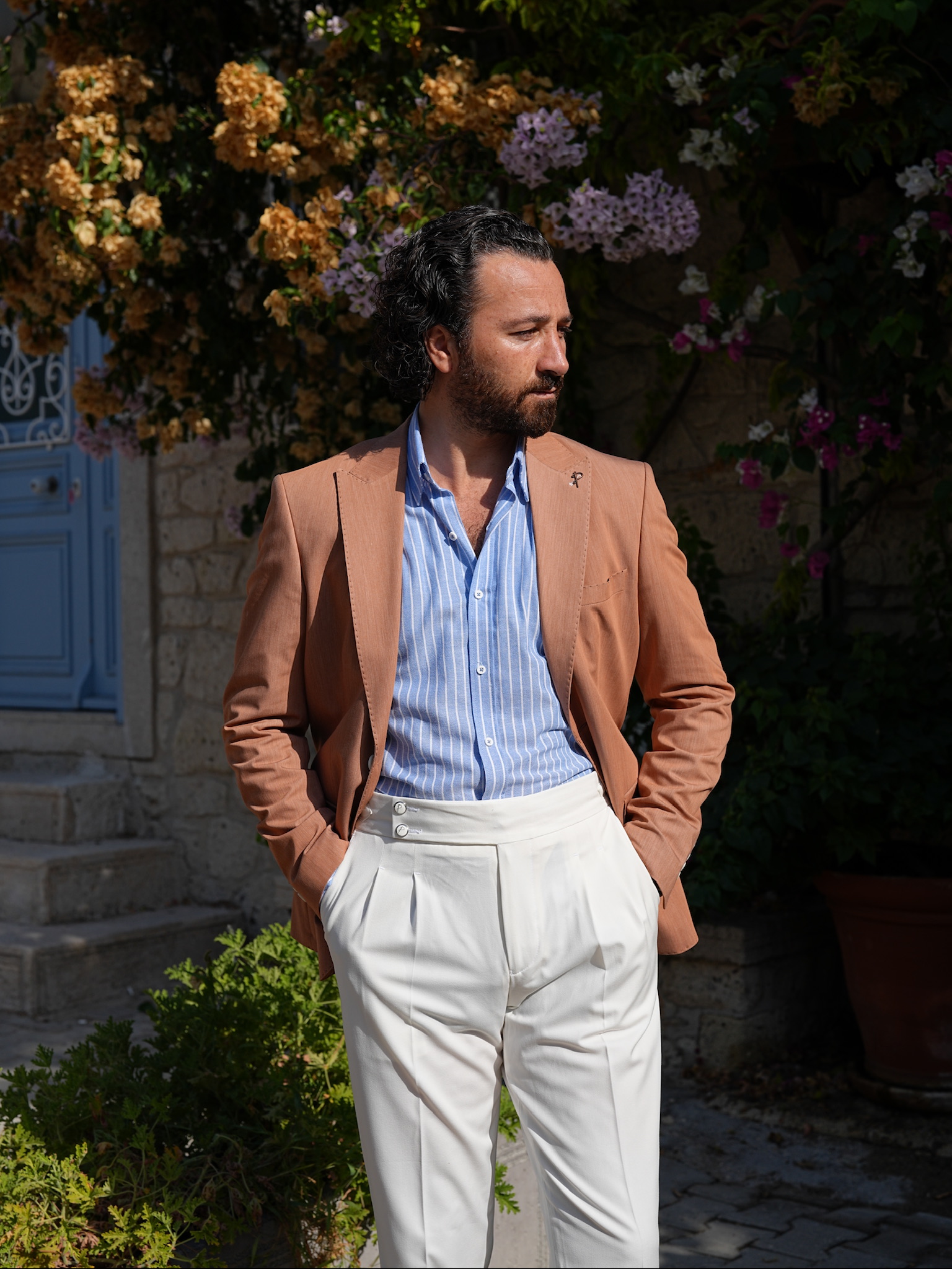 Erkek Premium İtalyan Stil Slim Fit Erkek Punto Dikişli Torba Cepli Yarım Astarlı Ceket - Taba