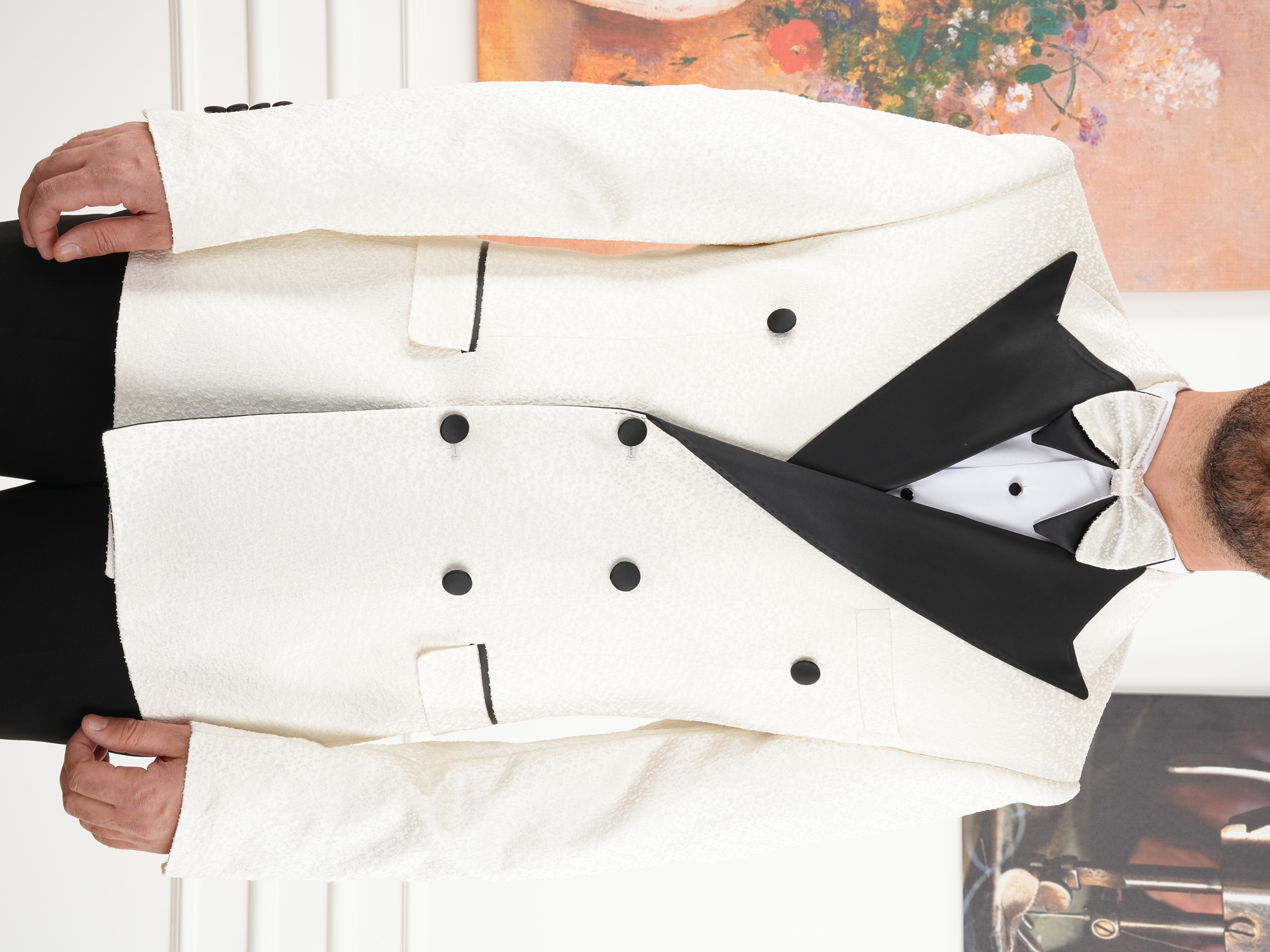 Erkek Slim Fit İtalyan Stil Jakar Desenli Damatlık Smokin Ceket Pantolon - Beyaz