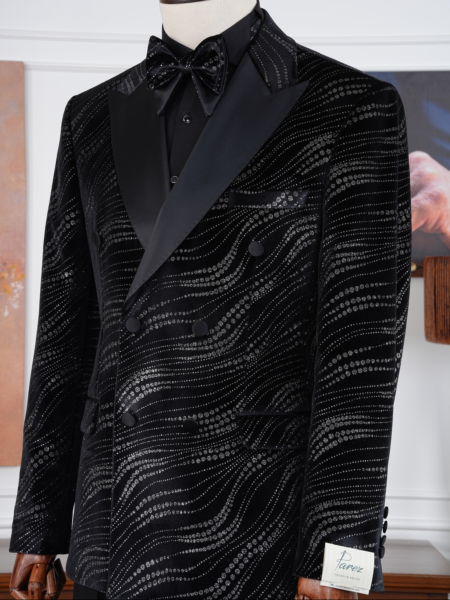 Erkek Slim Fit İtalyan Stil Baskı Desenli Smokin Damatlık - Siyah