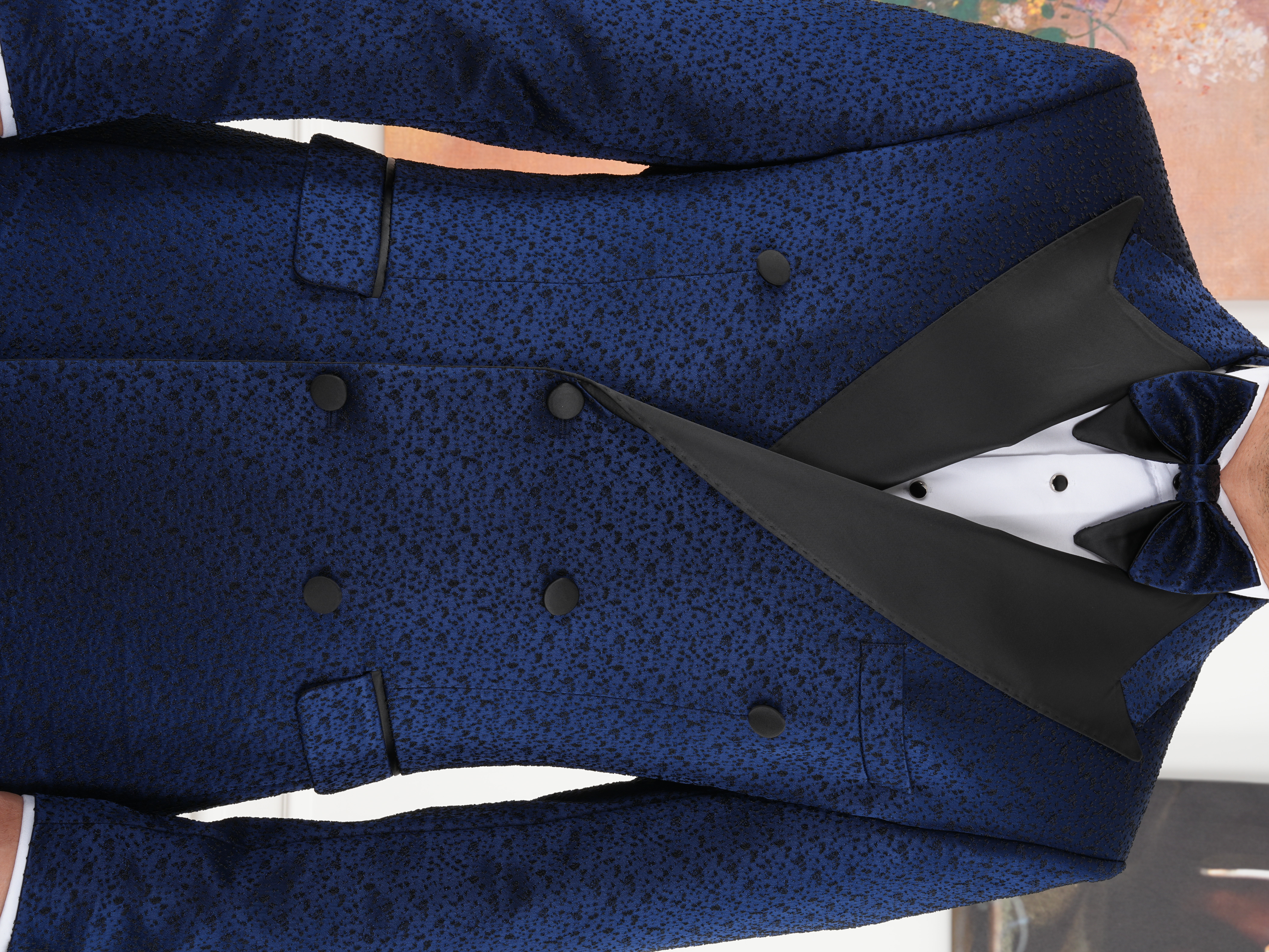 Erkek Slim Fit İtalyan Stil Jakar Desenli Damatlık Smokin Ceket Pantolon - Lacivert