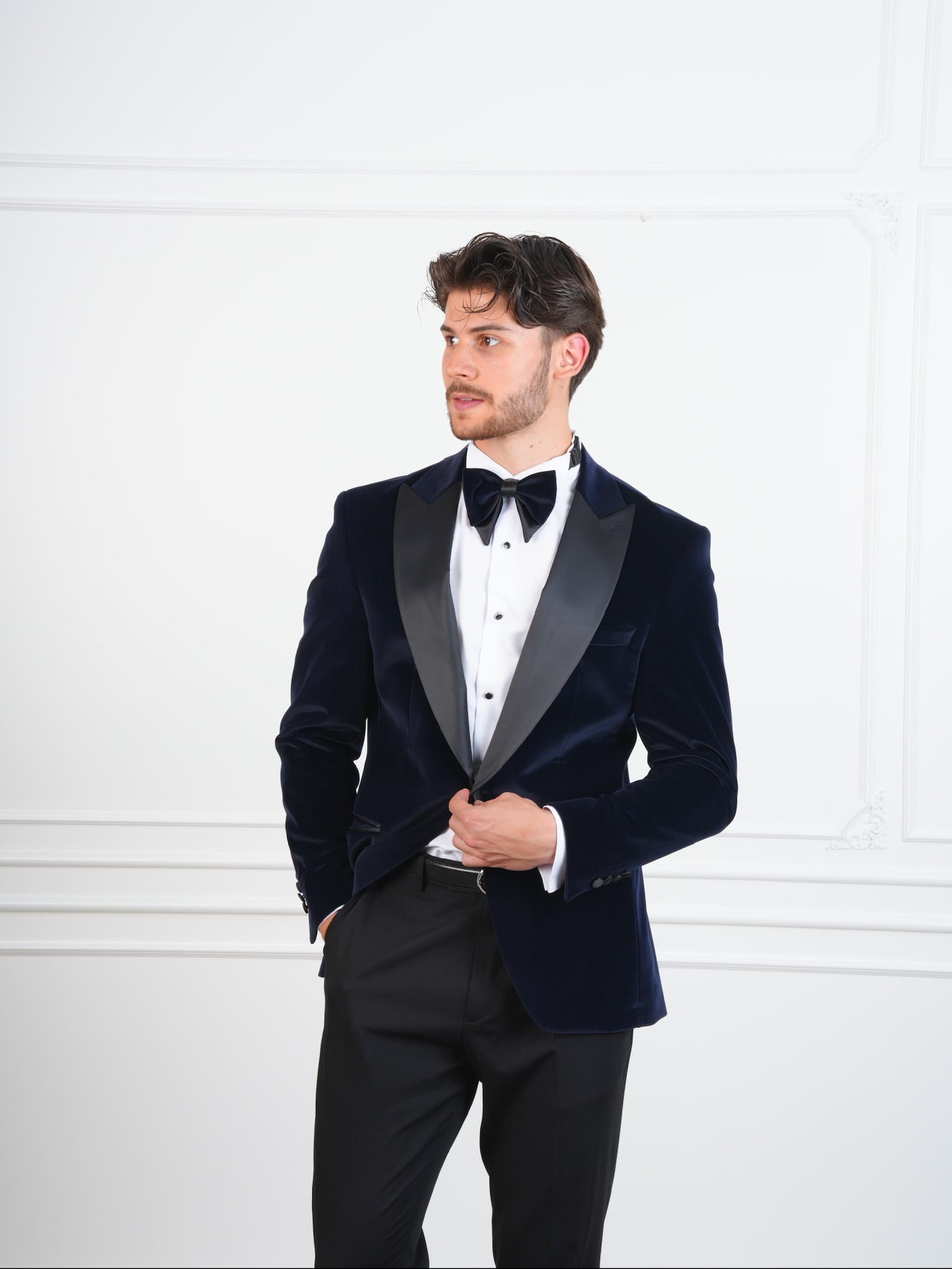 Erkek Premium Kadife Smokin Damatlık İtalyan Stil Slim Fit Ceket Pantolon Papyon - Lacivert