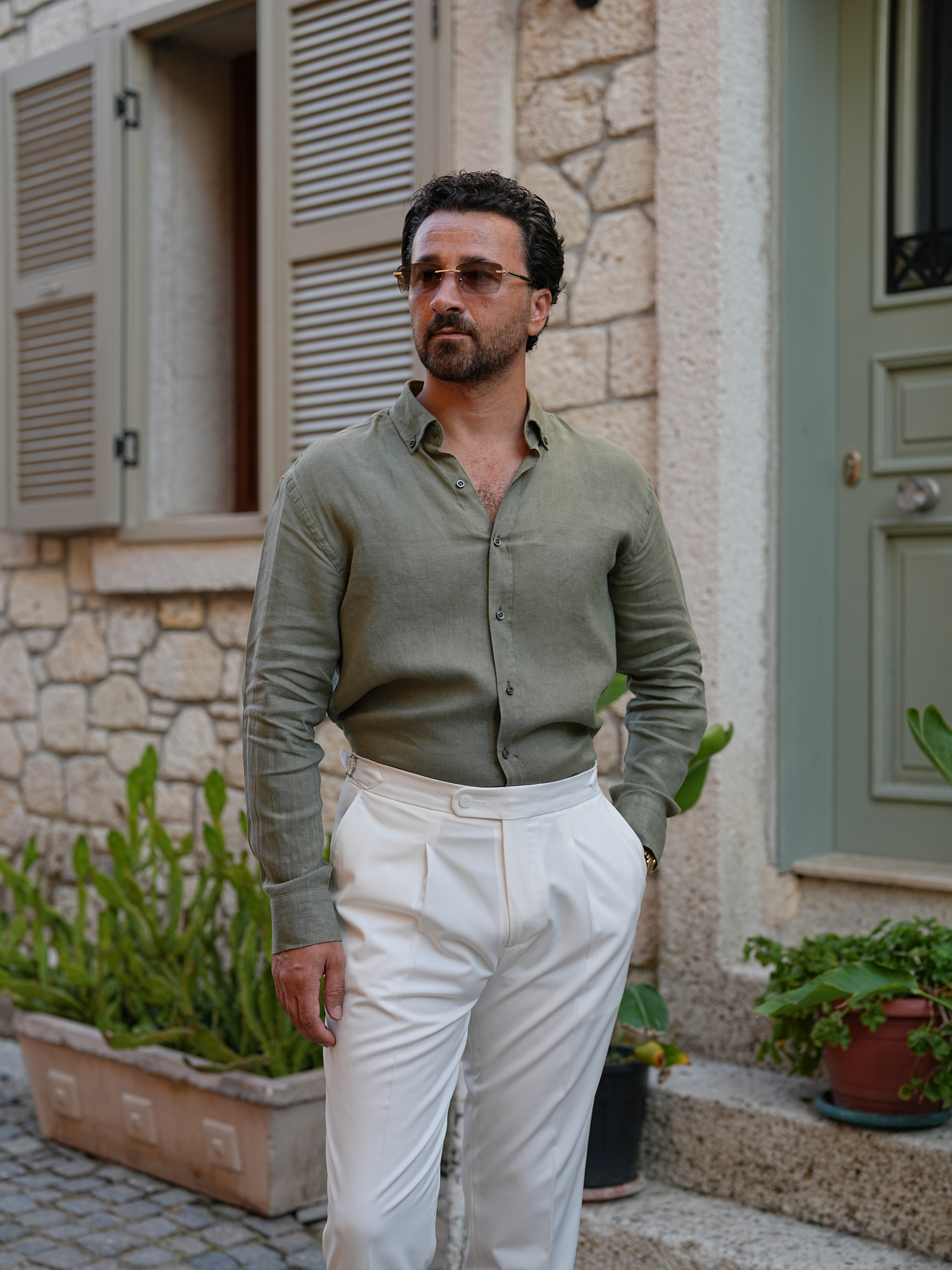 PAREZ Keten Gömlek Modern Fit Yaka Düğmeli - Haki