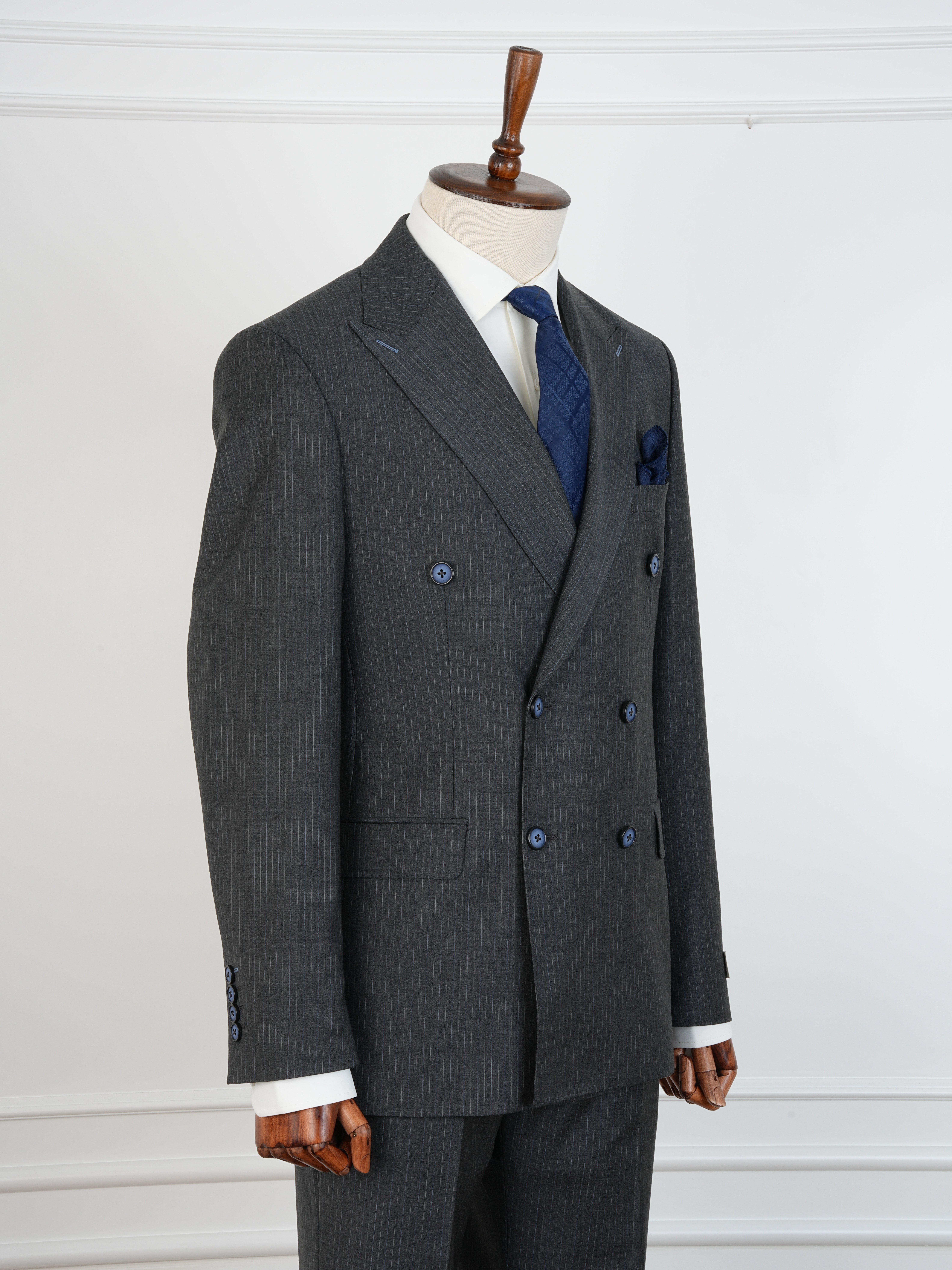 Yünlü Kruvaze Takım Elbise Slim Fit İtalyan Stil Ceket Pantolon - Füme