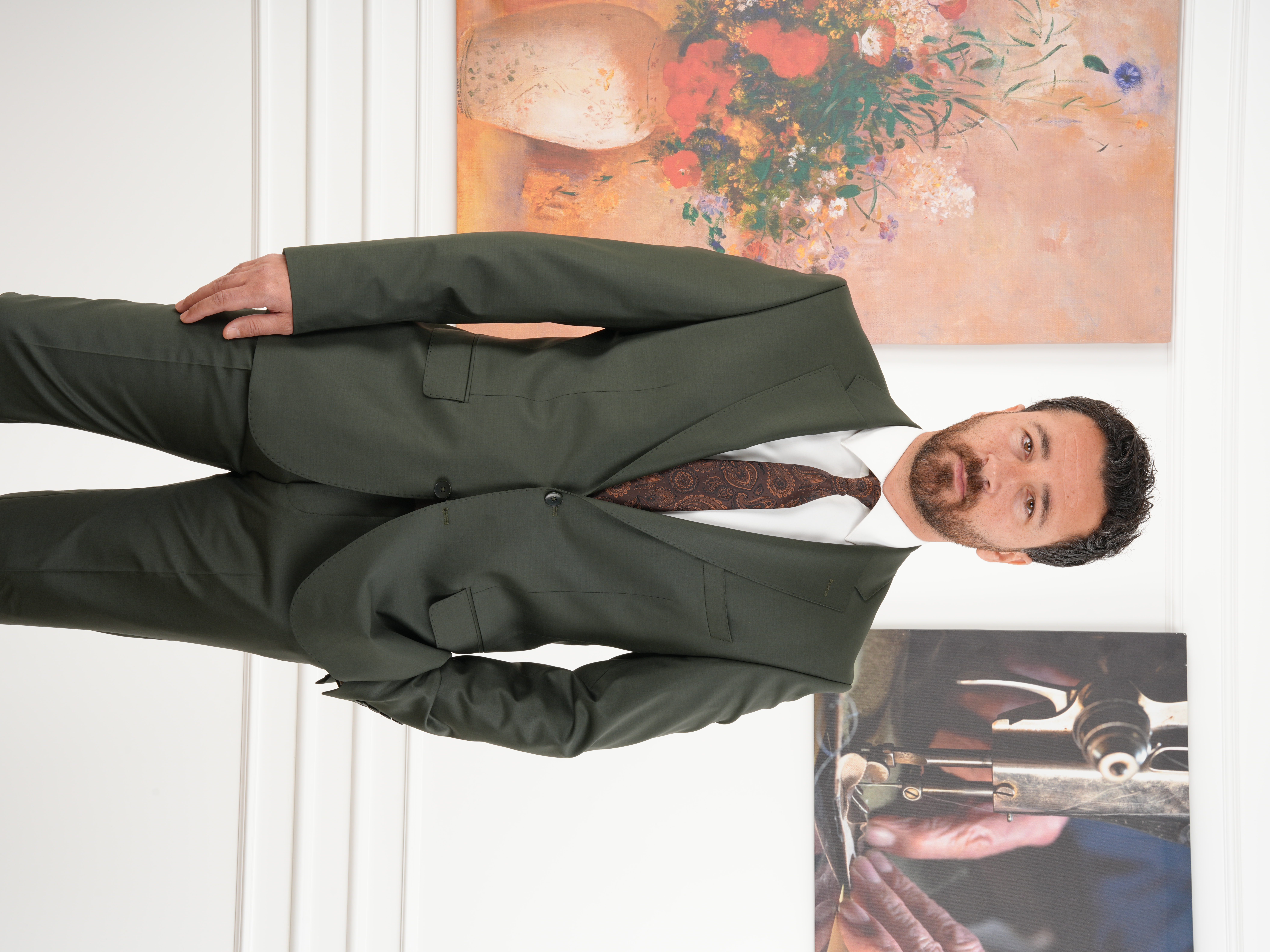 Erkek Regular İtalyan Stil Yünlü Mono Yaka Takım Elbise Ceket Pantolon - Haki