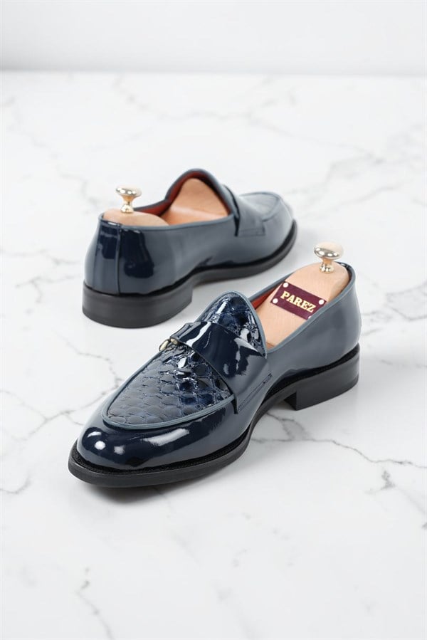 İtalyan Stil İç Dış Rugan Deri Erkek Tokalı Desenli Ayakkabı - Lacivert