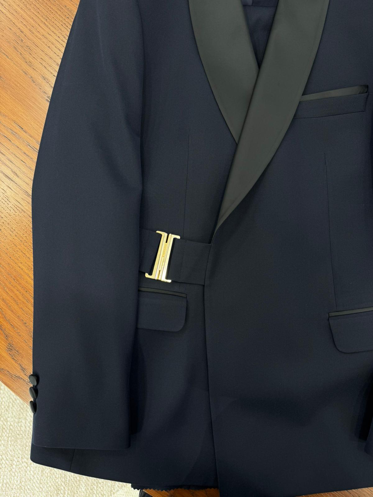 Erkek Kruvaze Tokalı Smokin Damatlık İtalyan Stil Ceket Pantolon Papyon - Koyu Lacivert