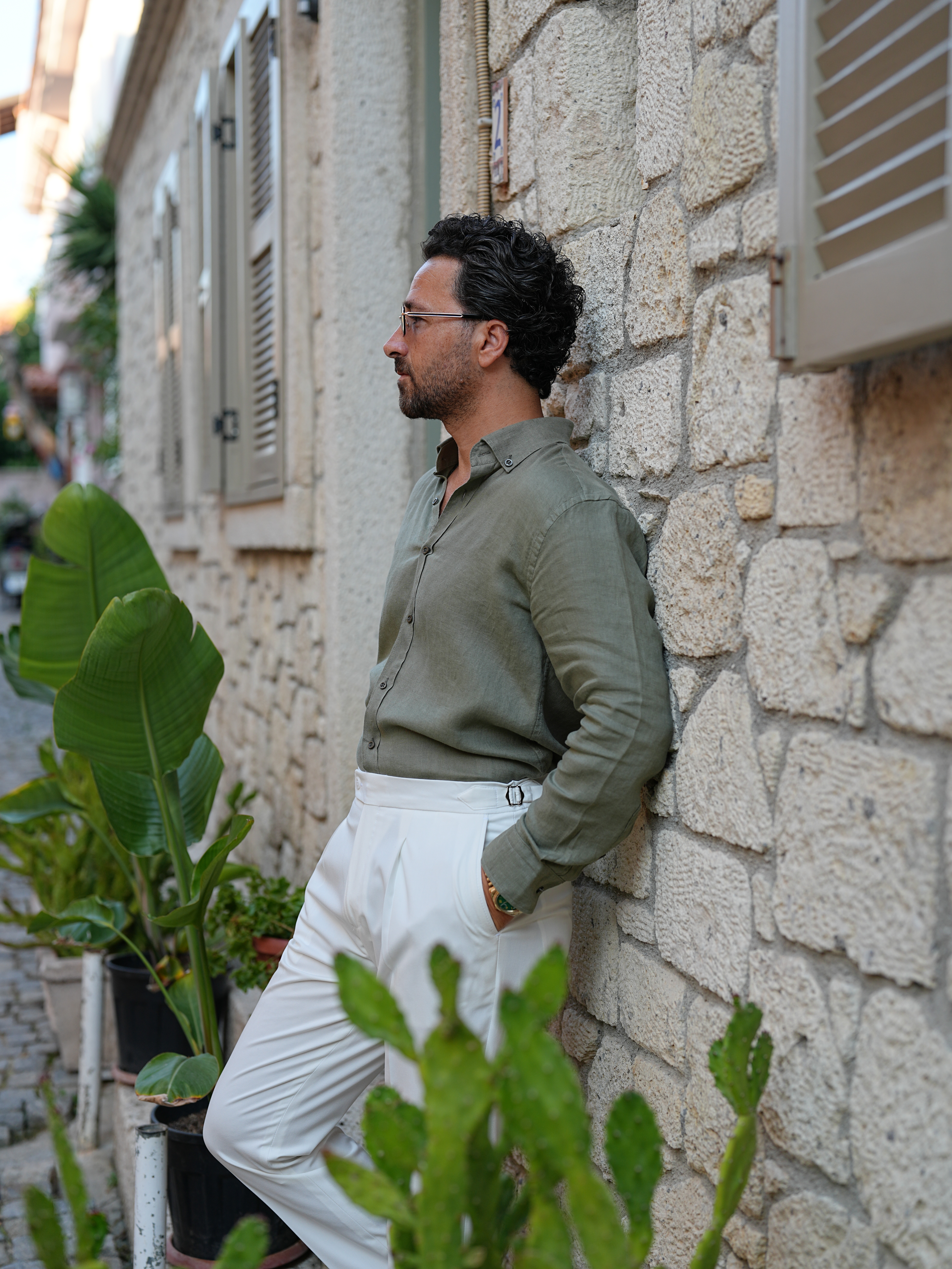 PAREZ Keten Gömlek Modern Fit Yaka Düğmeli - Haki