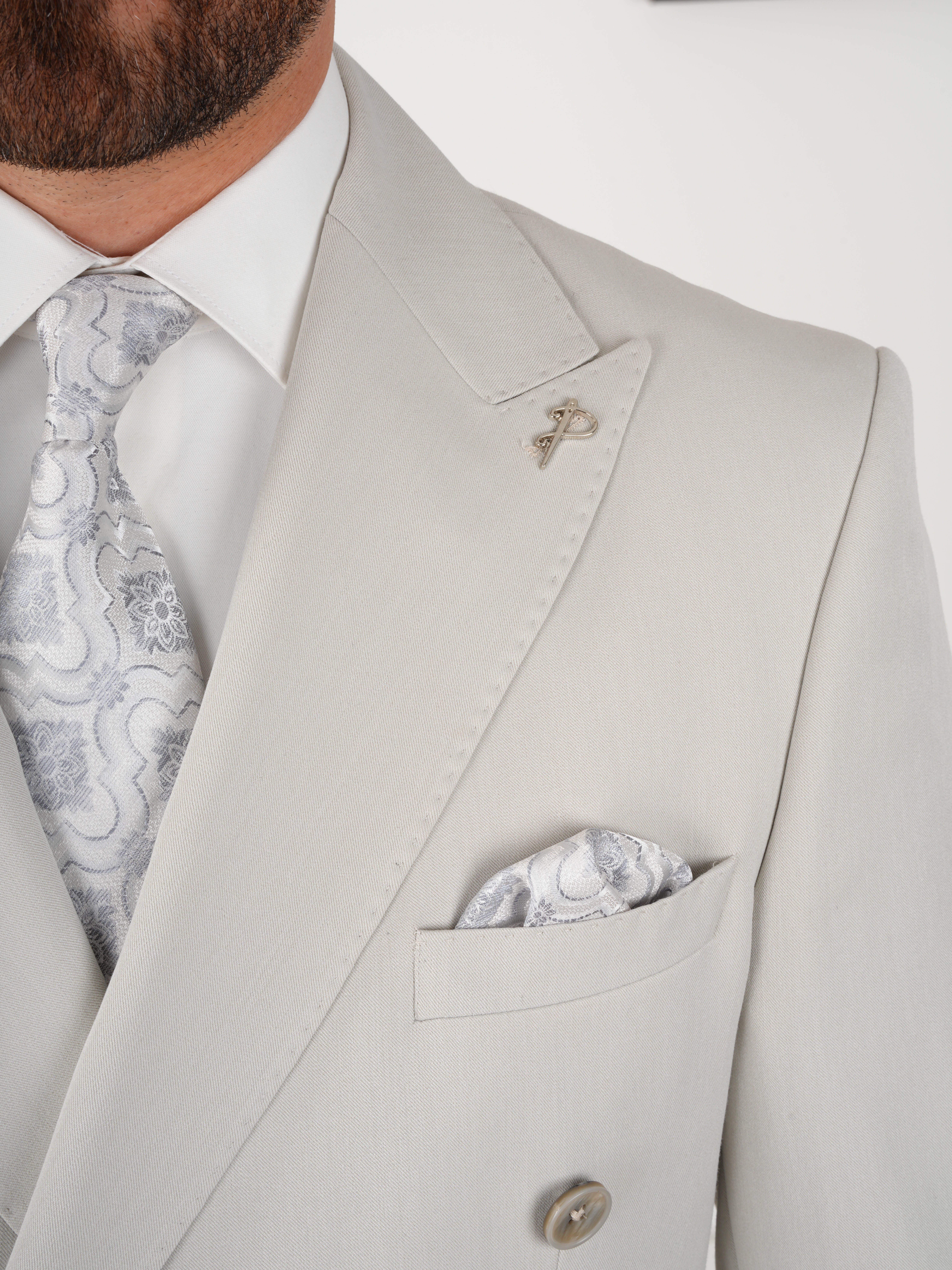 Erkek Slim Fit İtalyan Stil Kruvaze Takım Elbise Ceket Pantolon - Taş