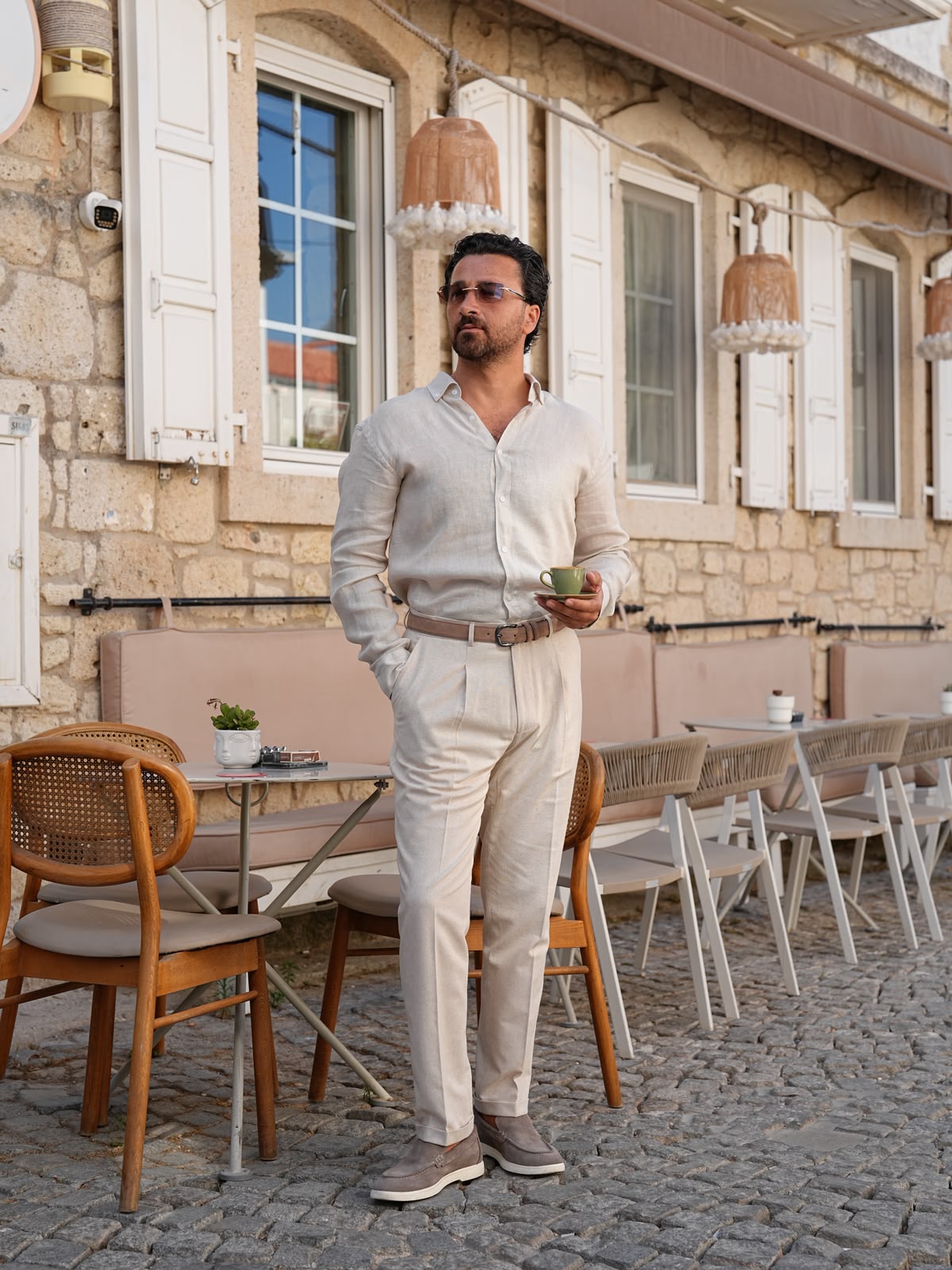 İtalyan Stil Regular Fit Erkek Pileli Keten Pantolon - Bej