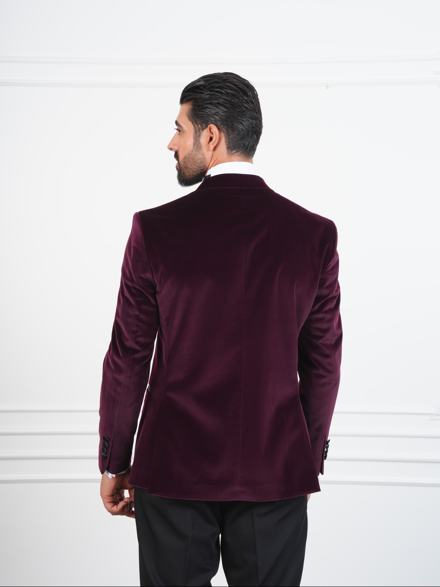 Erkek Premium Kadife Kruvaze Smokin Damatlık İtalyan Stil  Ceket Pantolon Papyon - Mor