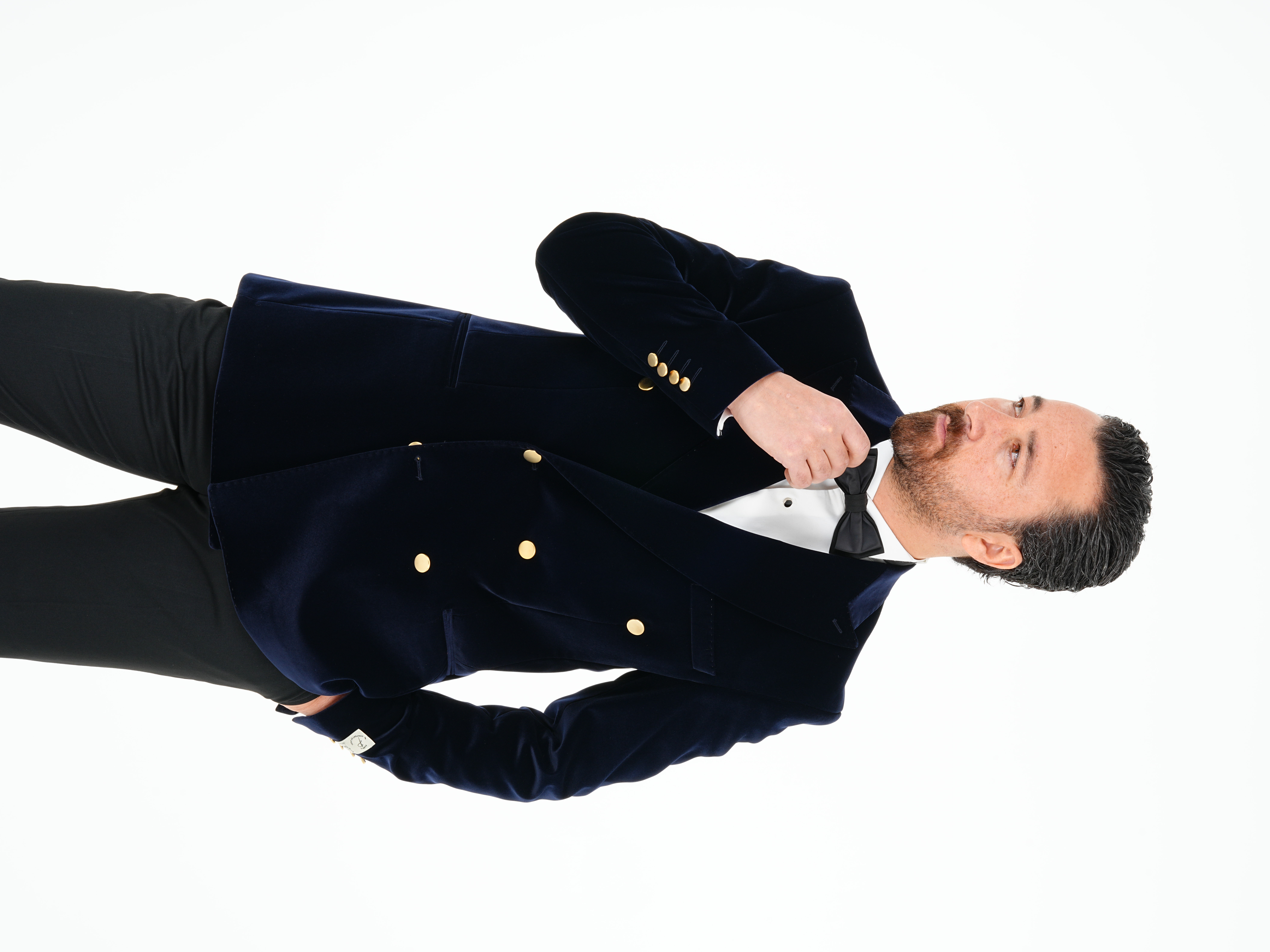 Premium Erkek Kadife Kruvaze Smokin Damatlık Gold Düğme Punto Dikişli Ceket Pantolon Papyon - Lacivert