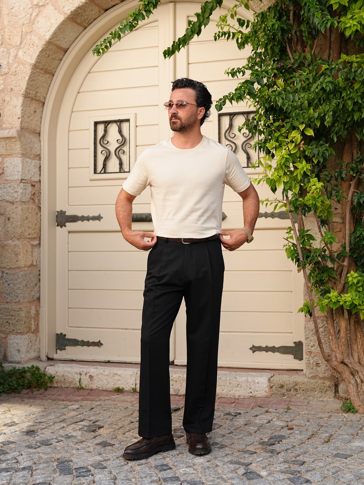 Erkek Beyaz Pamuk Slim Fit Dar Kesim Bisiklet Yaka Basic Tişört - Bej