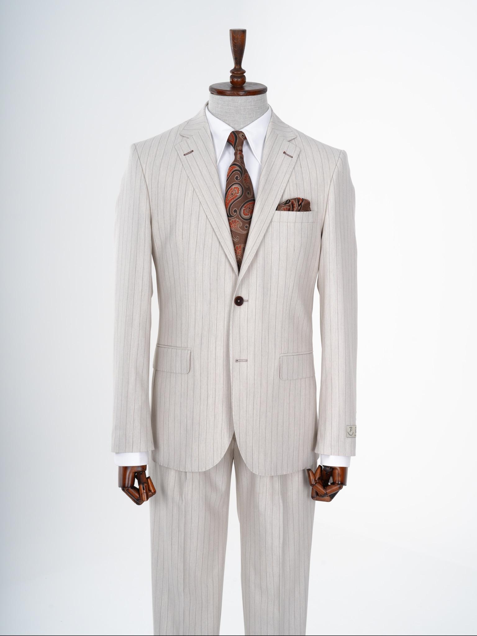Premium Erkek Mono Yaka Çizgili Takım Elbise Slim Fit İtalyan Stil Punto Dikişli Ceket Pantolon - Krem