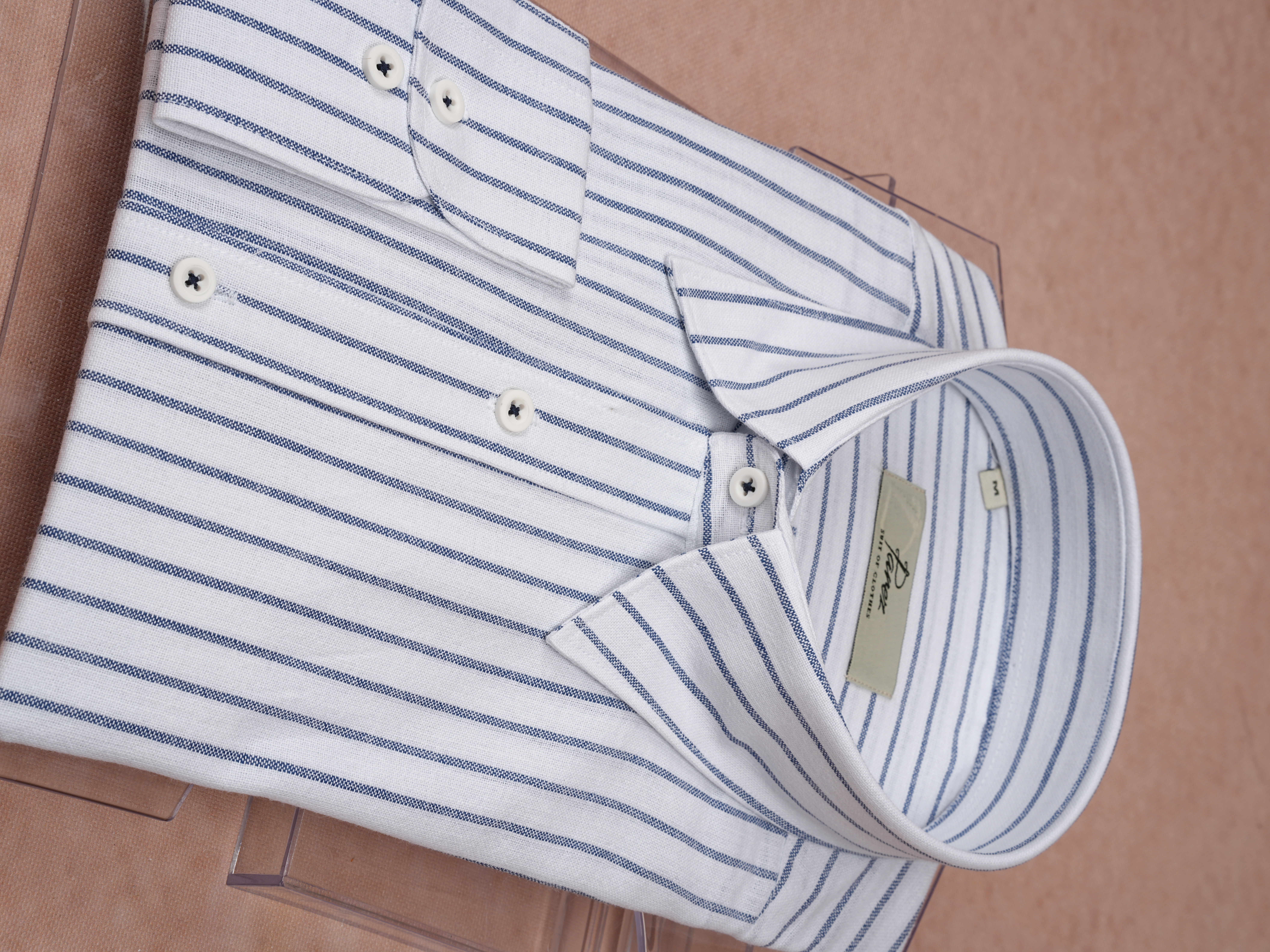 Erkek Premium Regular Fit Çizgili Keten Gömlek - Mavi