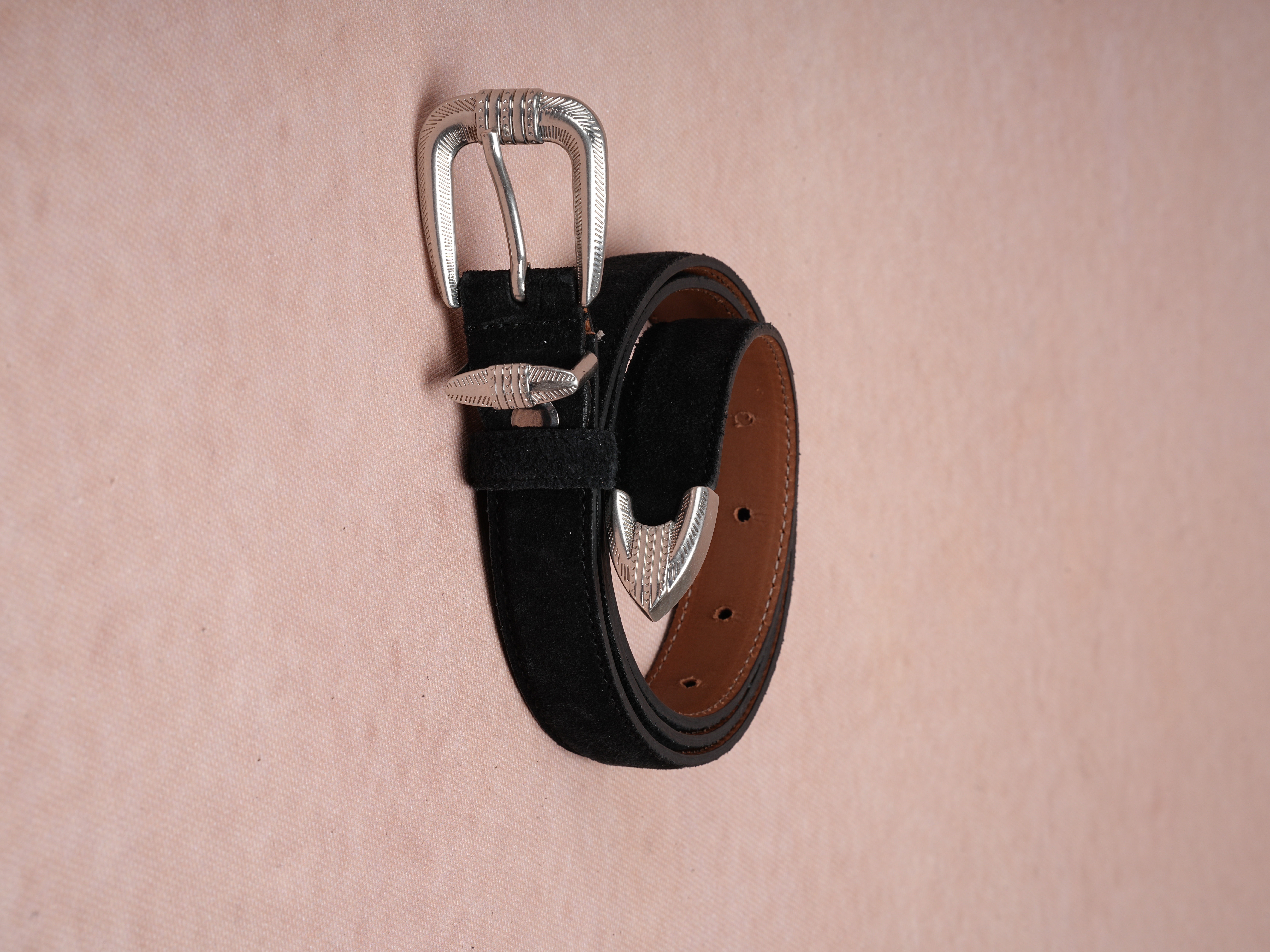 Erkek %100 Hakiki Süet Deri Ince Kalay Kaplama Beyaz Tokalı Kemer 2.5 Cm - Siyah
