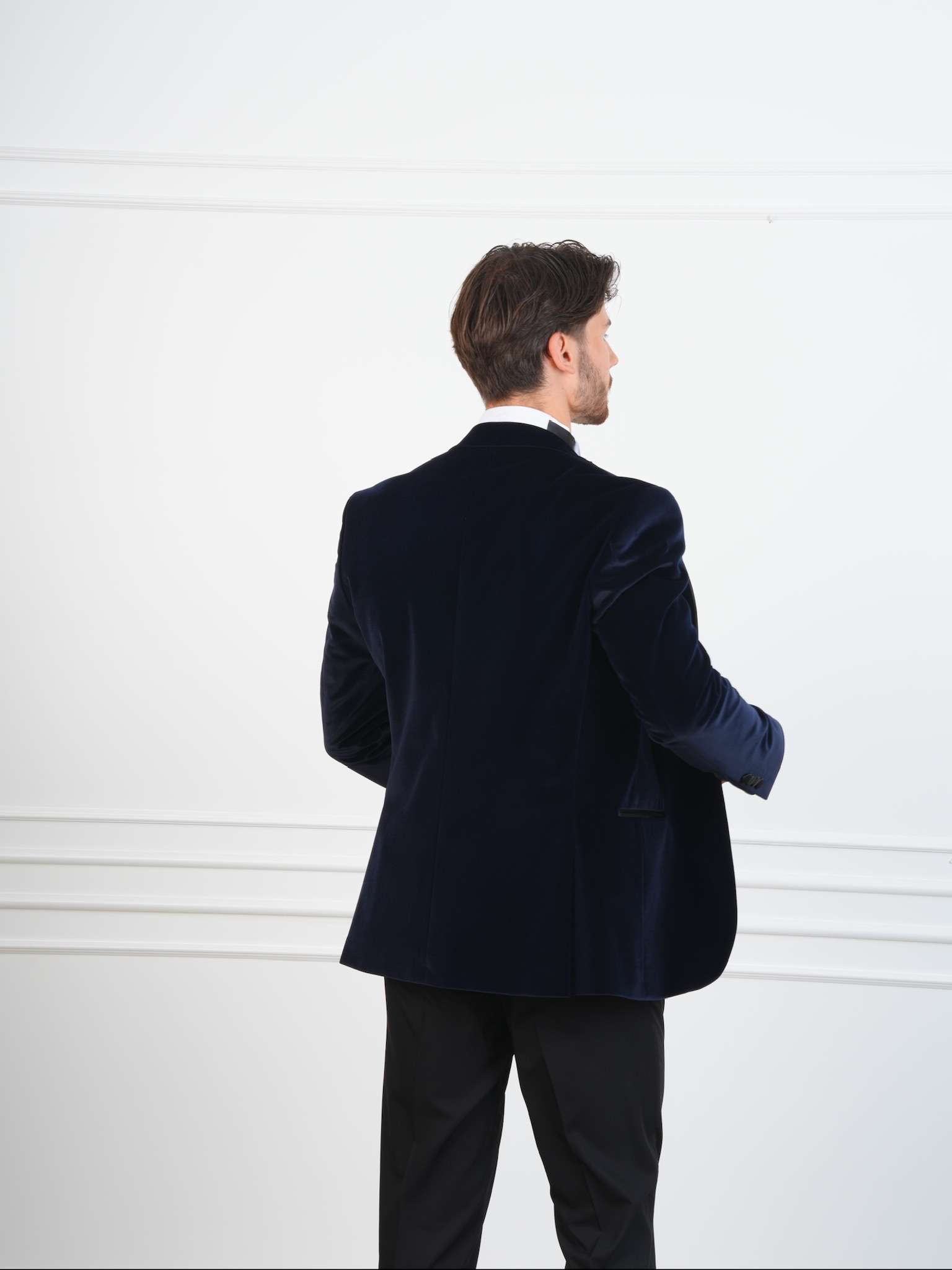 Erkek Premium Kadife Smokin Damatlık İtalyan Stil Slim Fit Ceket Pantolon Papyon - Lacivert