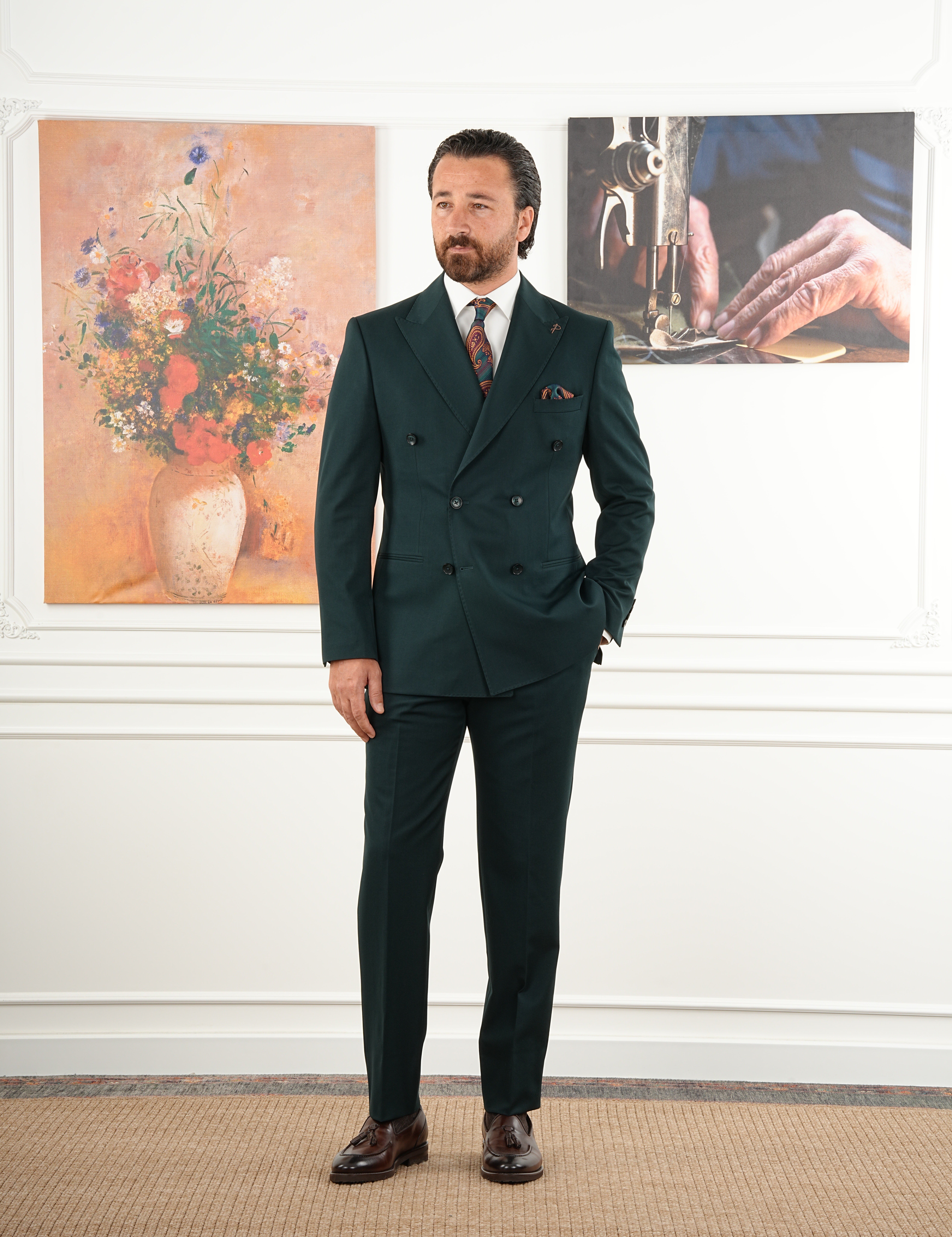 Erkek Slim Fit İtalyan Stil Kruvaze Takım Elbise Ceket Pantolon - Yeşil