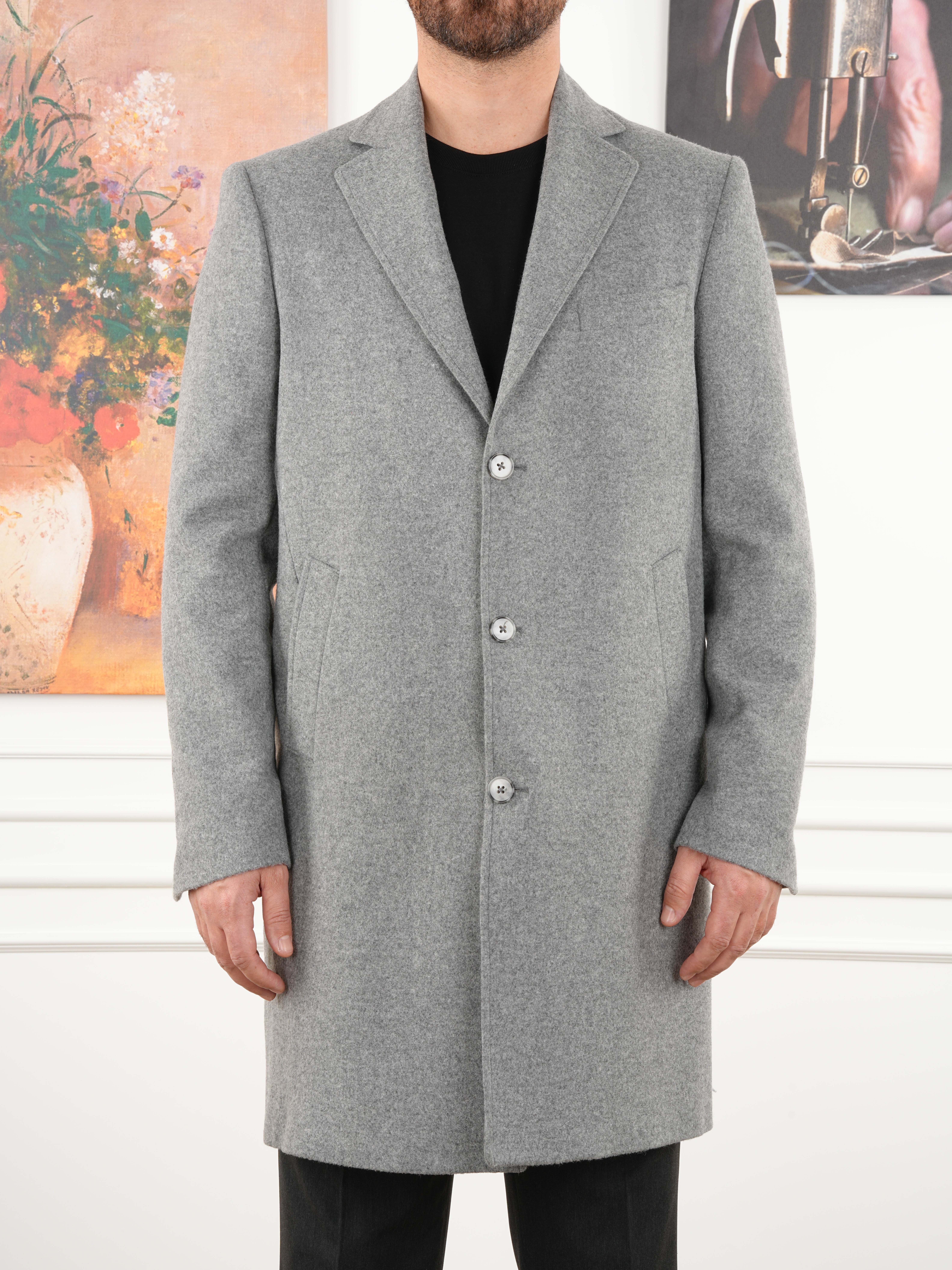 Erkek Premium İtalyan Stil Slim Fit Mono Yaka Kaşe Kaban - Gri