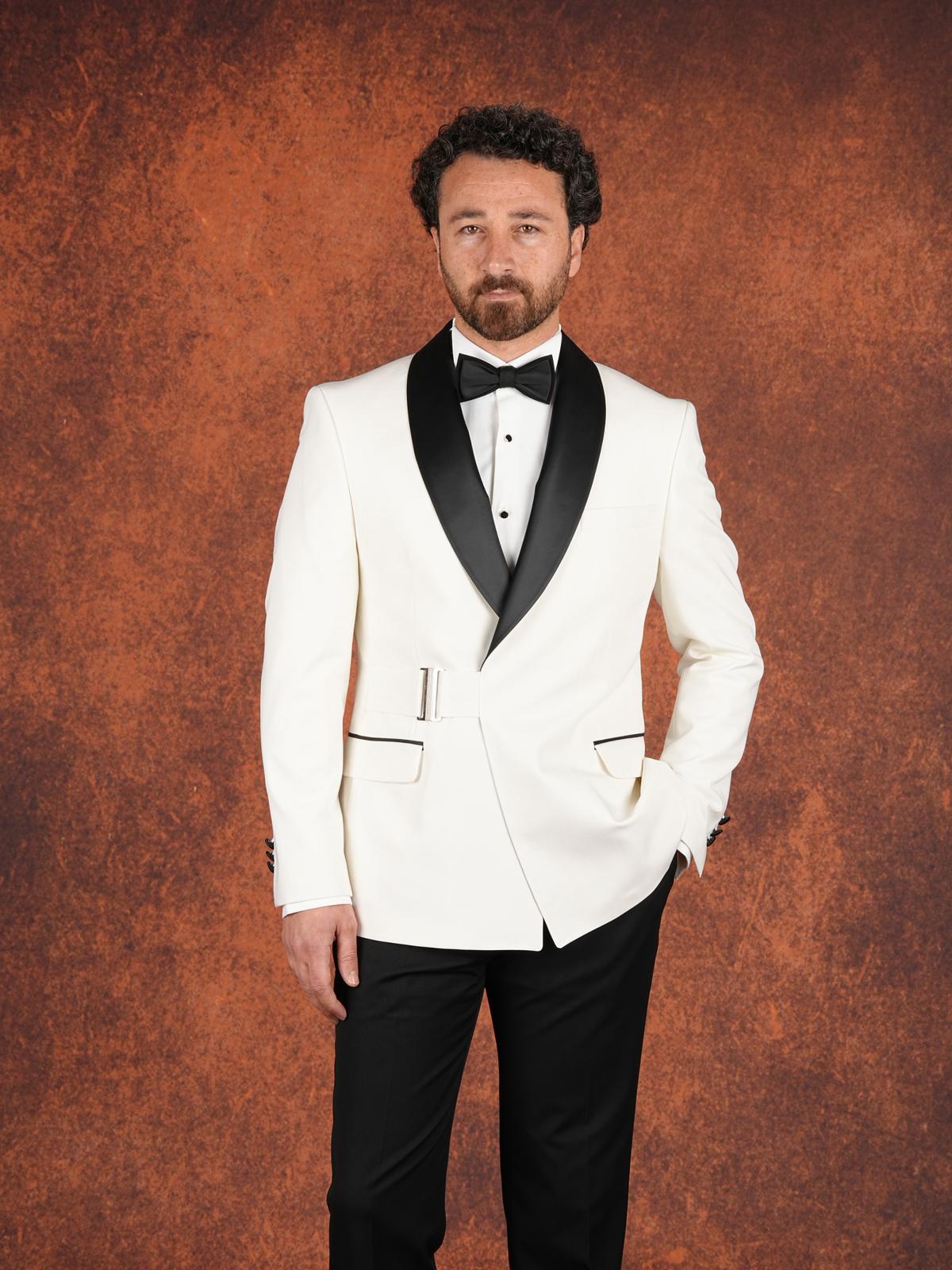Erkek Premium Slim Fit İtalyan Stil Şal Yaka Gümüş Düğme Damatlık Smokin Ceket Pantolon Papyon - Beyaz