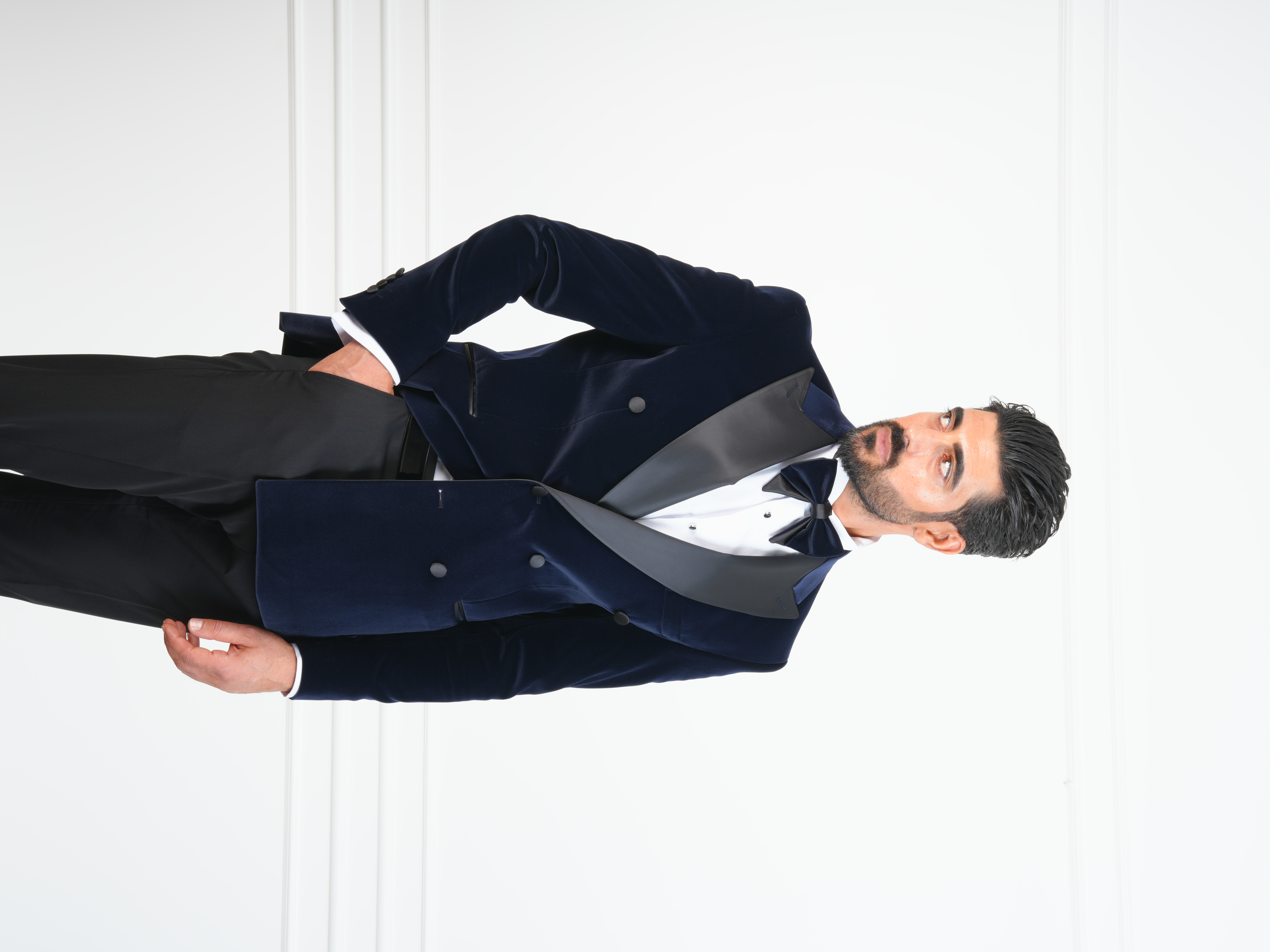 Erkek Premium Kadife Kruvaze Smokin Damatlık İtalyan Stil  Ceket Pantolon Papyon - Lacivert