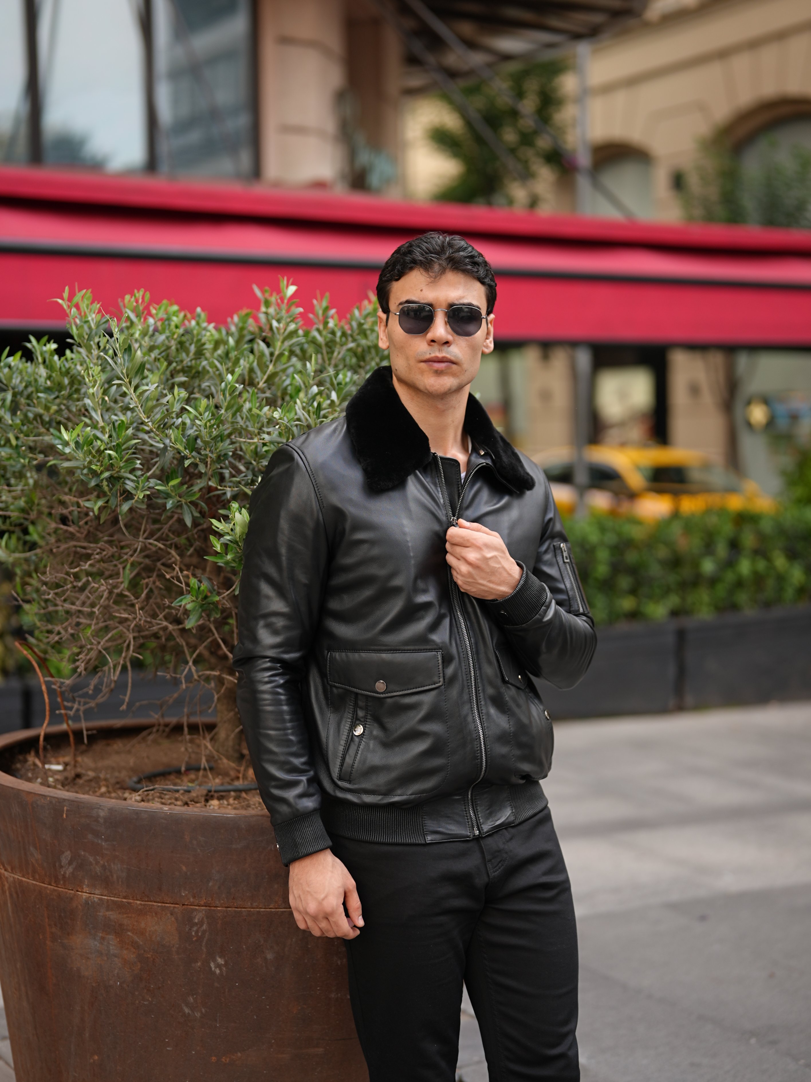 Erkek Standart Fit %100 Hakiki Kuzu Deri Mont-Siyah - Siyah