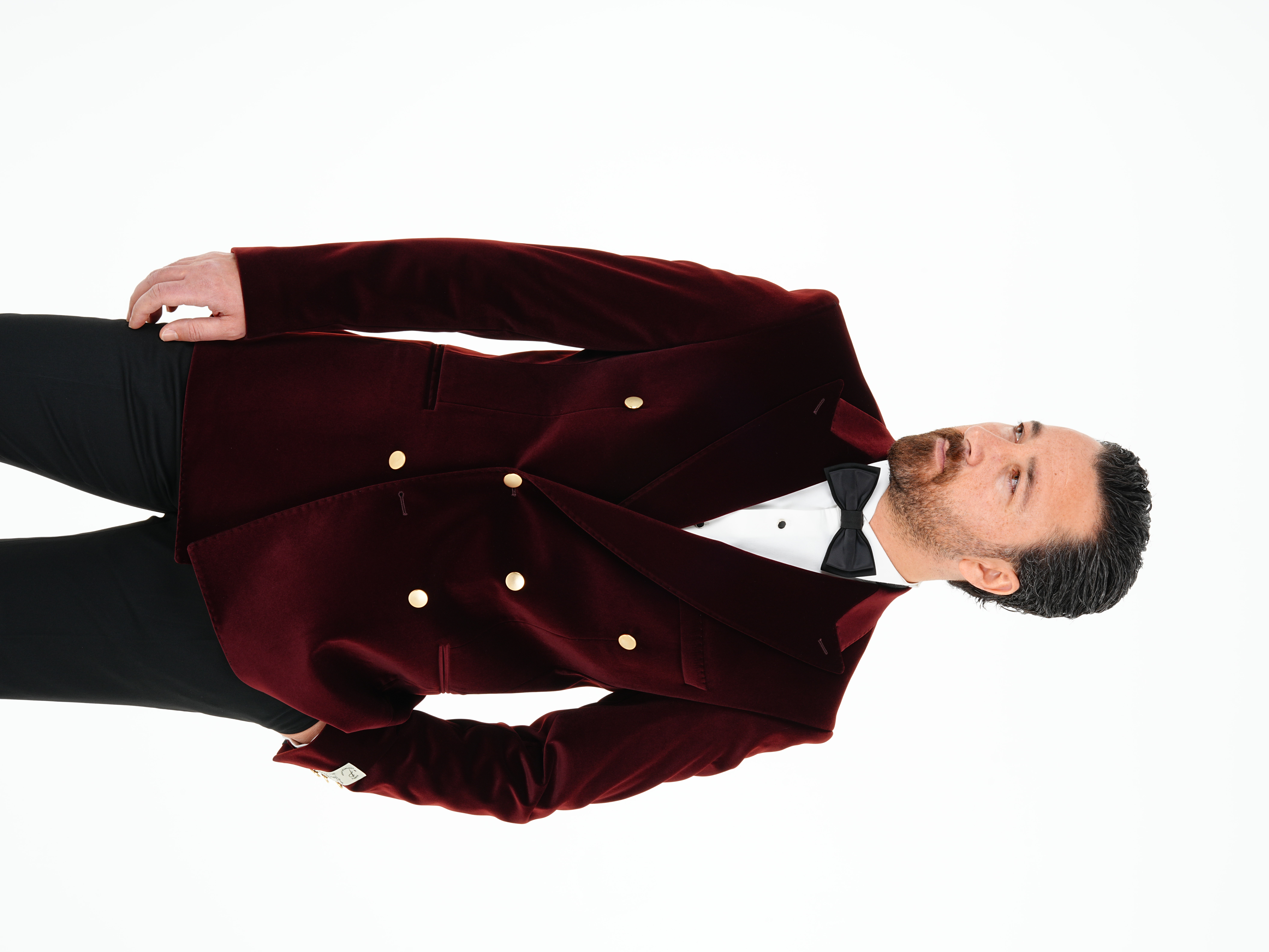 Premium Erkek Kadife Kruvaze Smokin Damatlık Gold Düğme Punto Dikişli Ceket Pantolon Papyon - Bordo