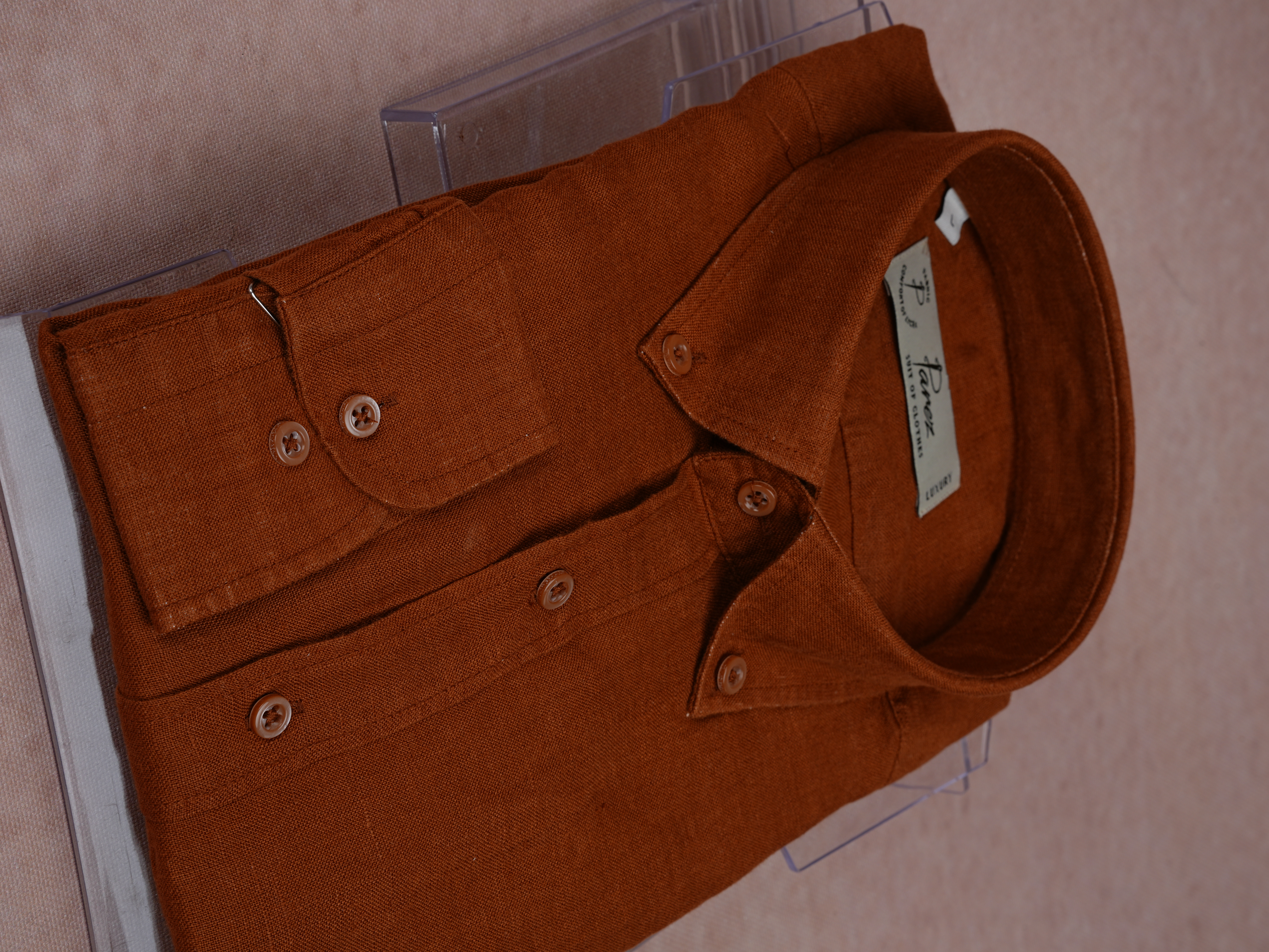 PAREZ Keten Gömlek Modern Fit Yaka Düğmeli - Camel