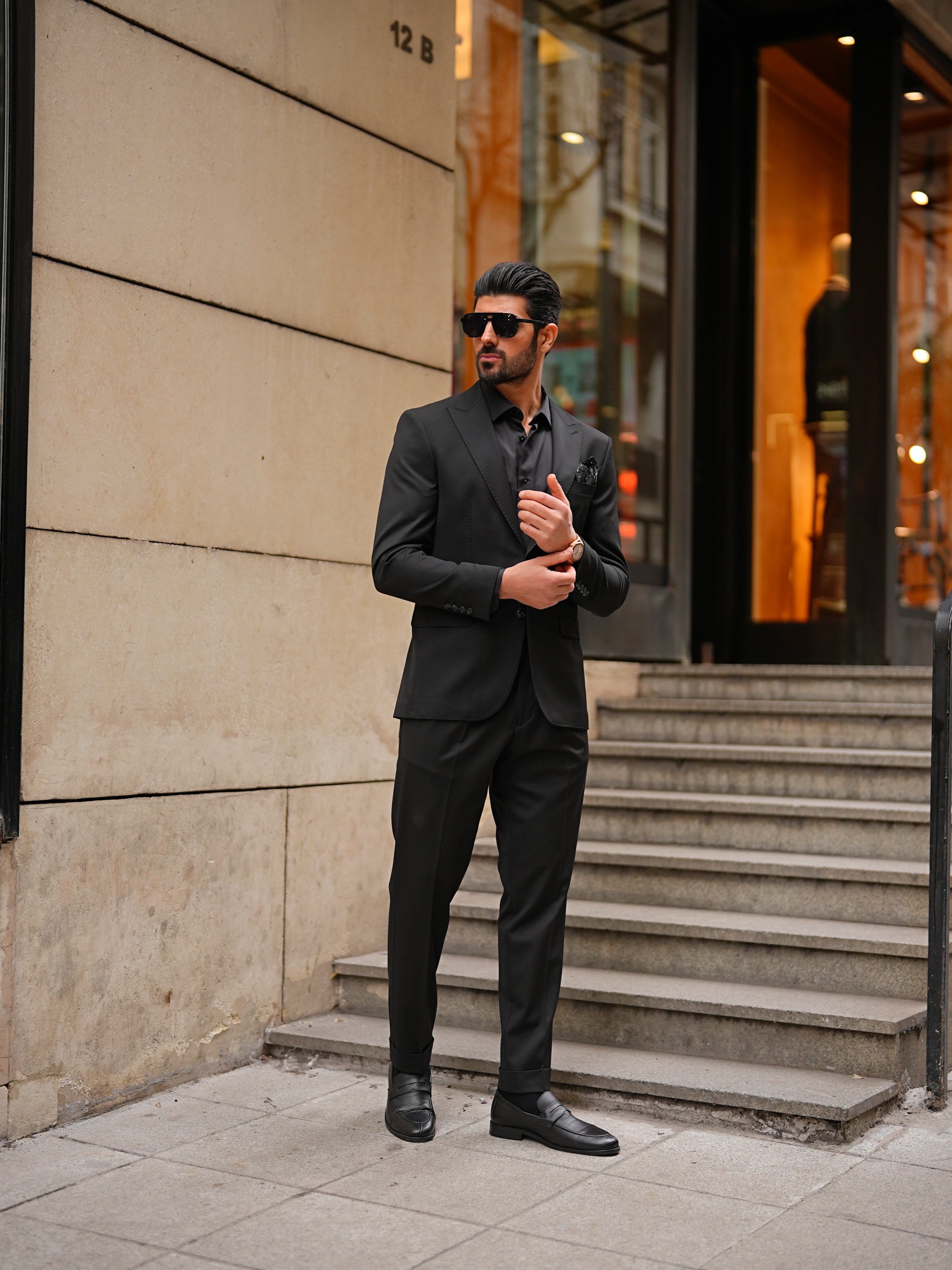 Erkek Premıum Takım Elbise İtalyan Stil Pileli Pantolıb Punto Dikişli Ceket Pantolon - Siyah