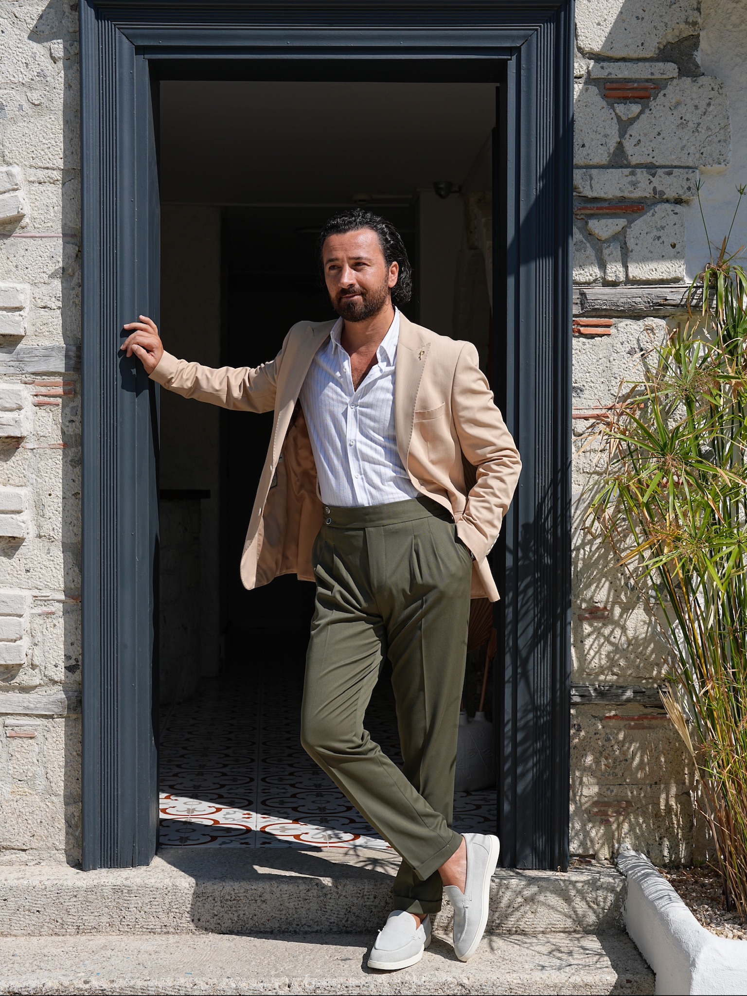 Erkek Premium İtalyan Stil Slim Fit Erkek Punto Dikişli Torba Cepli Yarım Astarlı Ceket - Krem