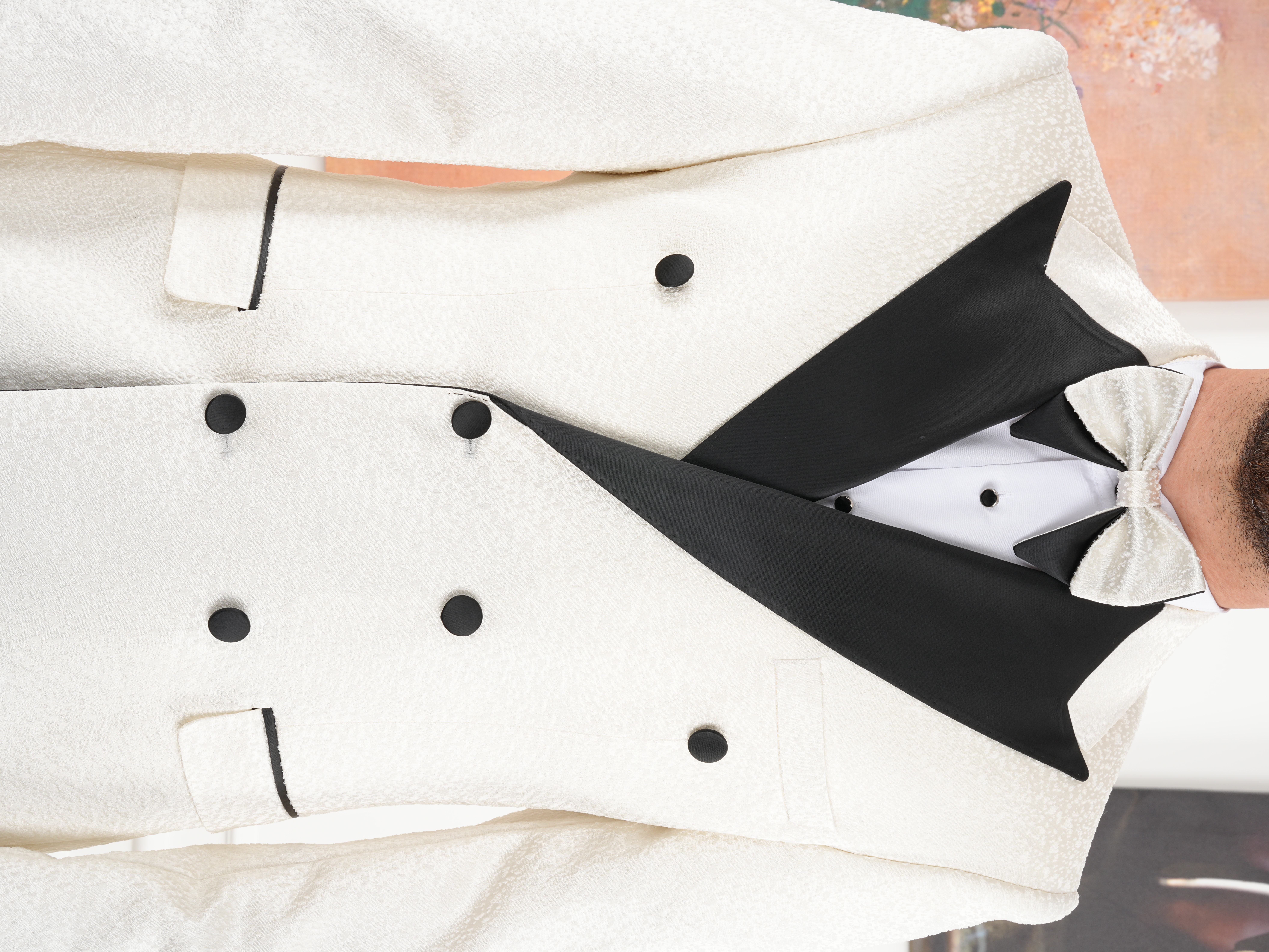 Erkek Slim Fit İtalyan Stil Jakar Desenli Damatlık Smokin Ceket Pantolon - Beyaz