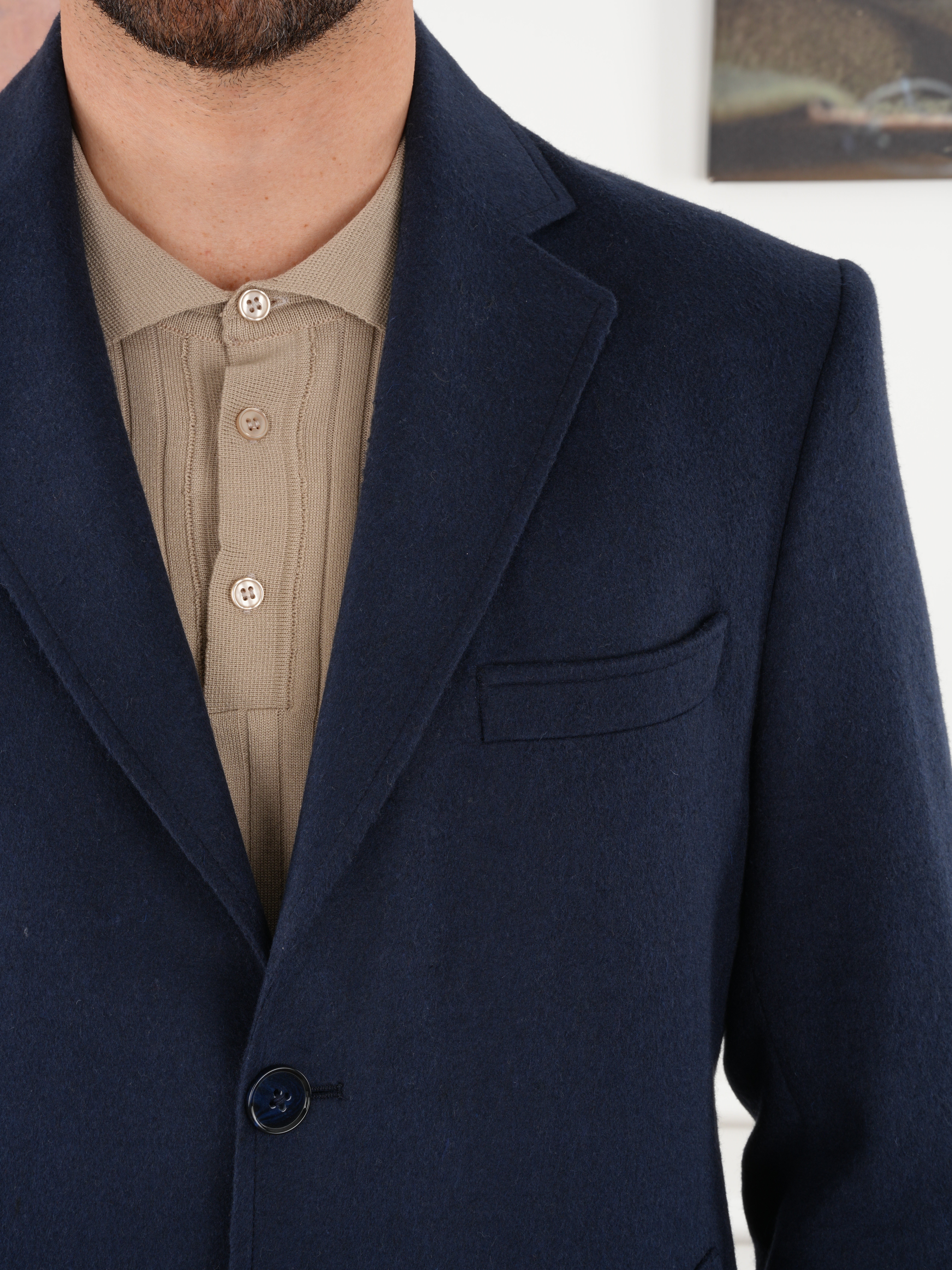Erkek Premium İtalyan Stil Slim Fit Mono Yaka Kaşe Kaban - Lacivert