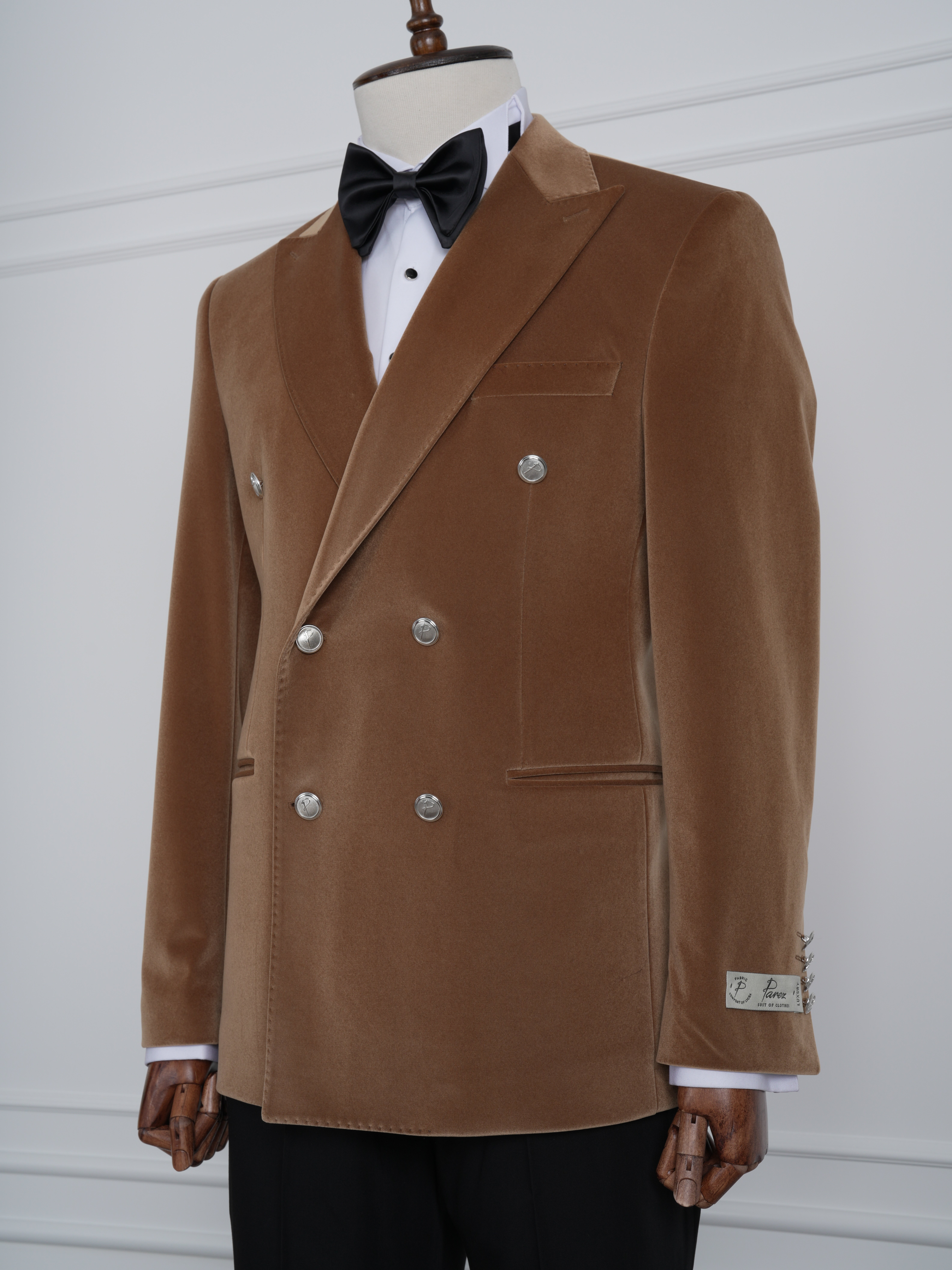 Premium Erkek Kadife Kruvaze Smokin Damatlık Metal Düğme Punto Dikişli Ceket Pantolon Papyon - Krem