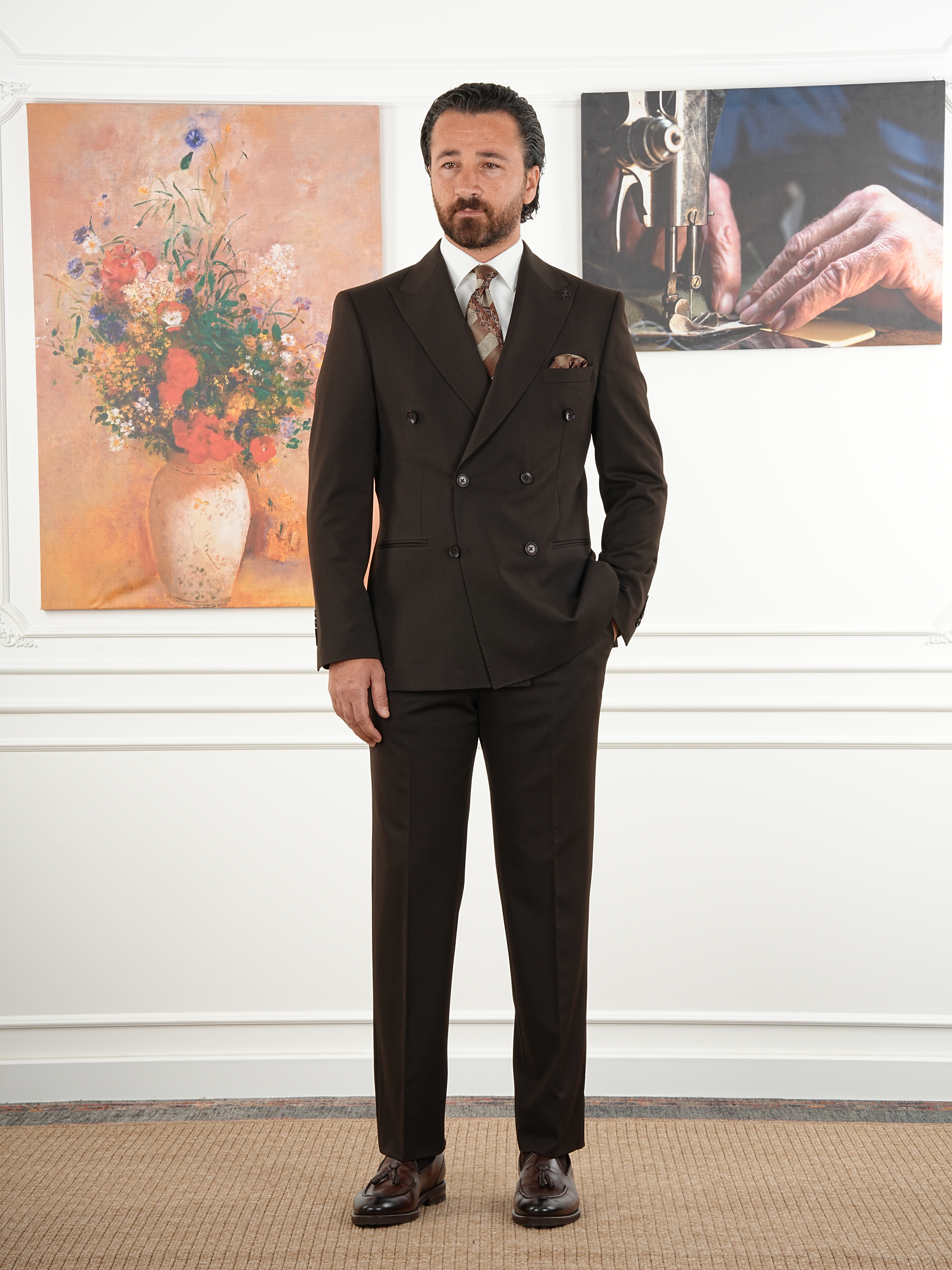 Erkek Slim Fit İtalyan Stil Kruvaze Takım Elbise Ceket Pantolon - Acı Kahve