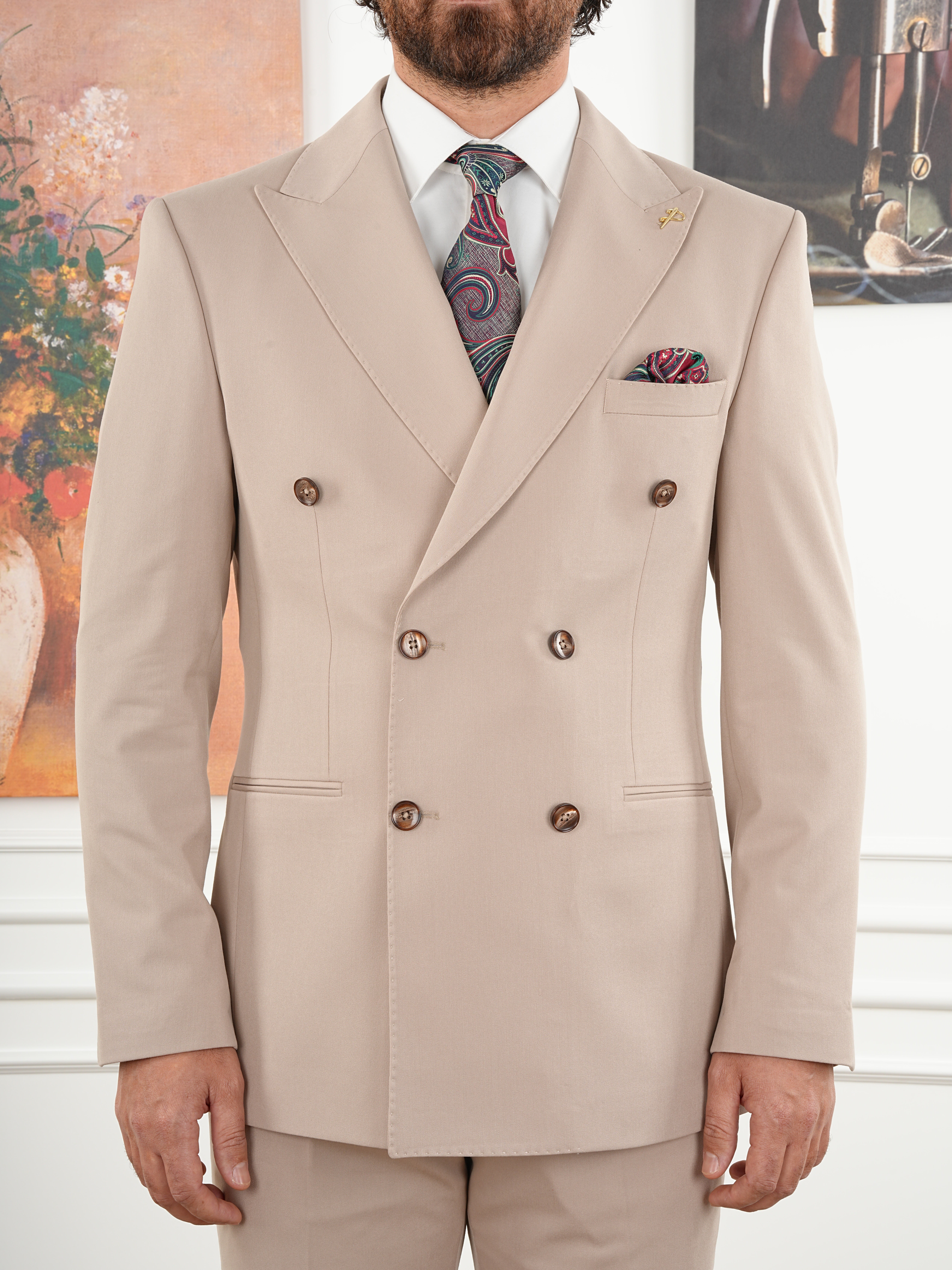Erkek Slim Fit İtalyan Stil Kruvaze Takım Elbise Ceket Pantolon - Krem