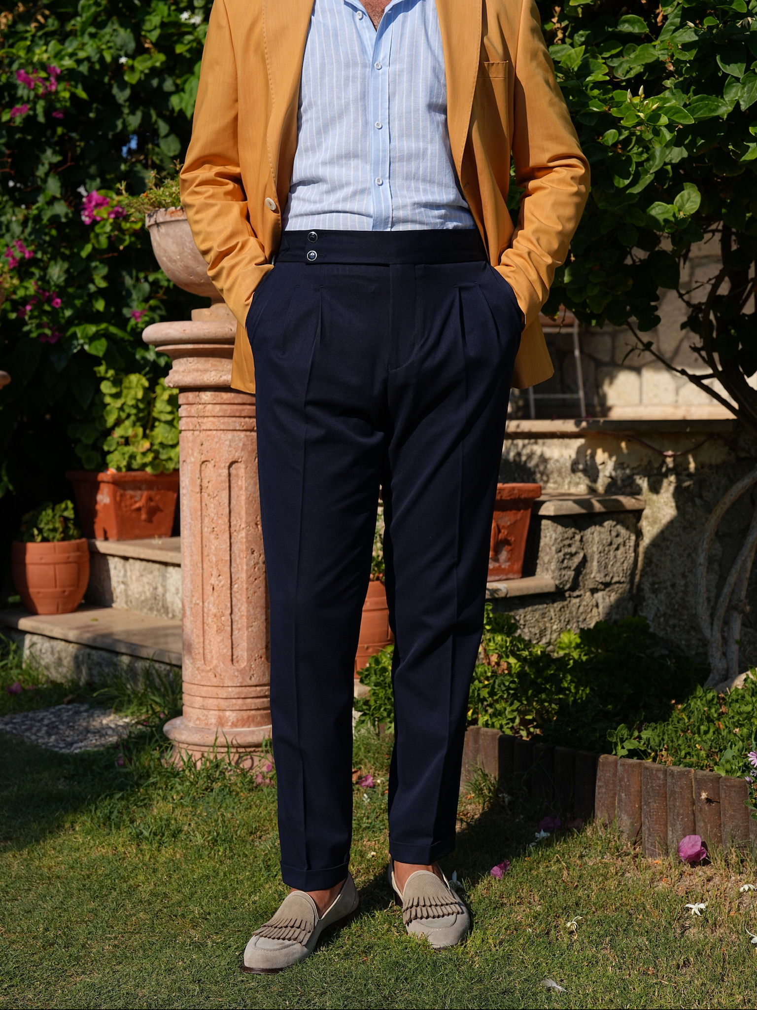 Erkek Regular Fit Yüksek Bel Piliseli Tokalı Kumaş Pantolon - Lacivert